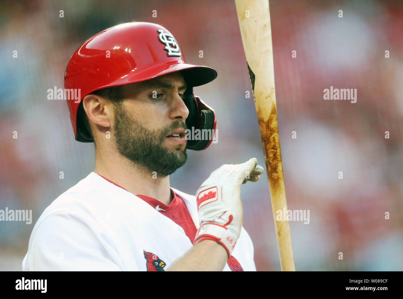 St. Louis Cardinals Paul Goldschmidt checks his pine tar before batting in  the first inning against the Philadelphia Phillies at Busch Stadium in St.  Louis on May 6, 2019. Photo by Bill