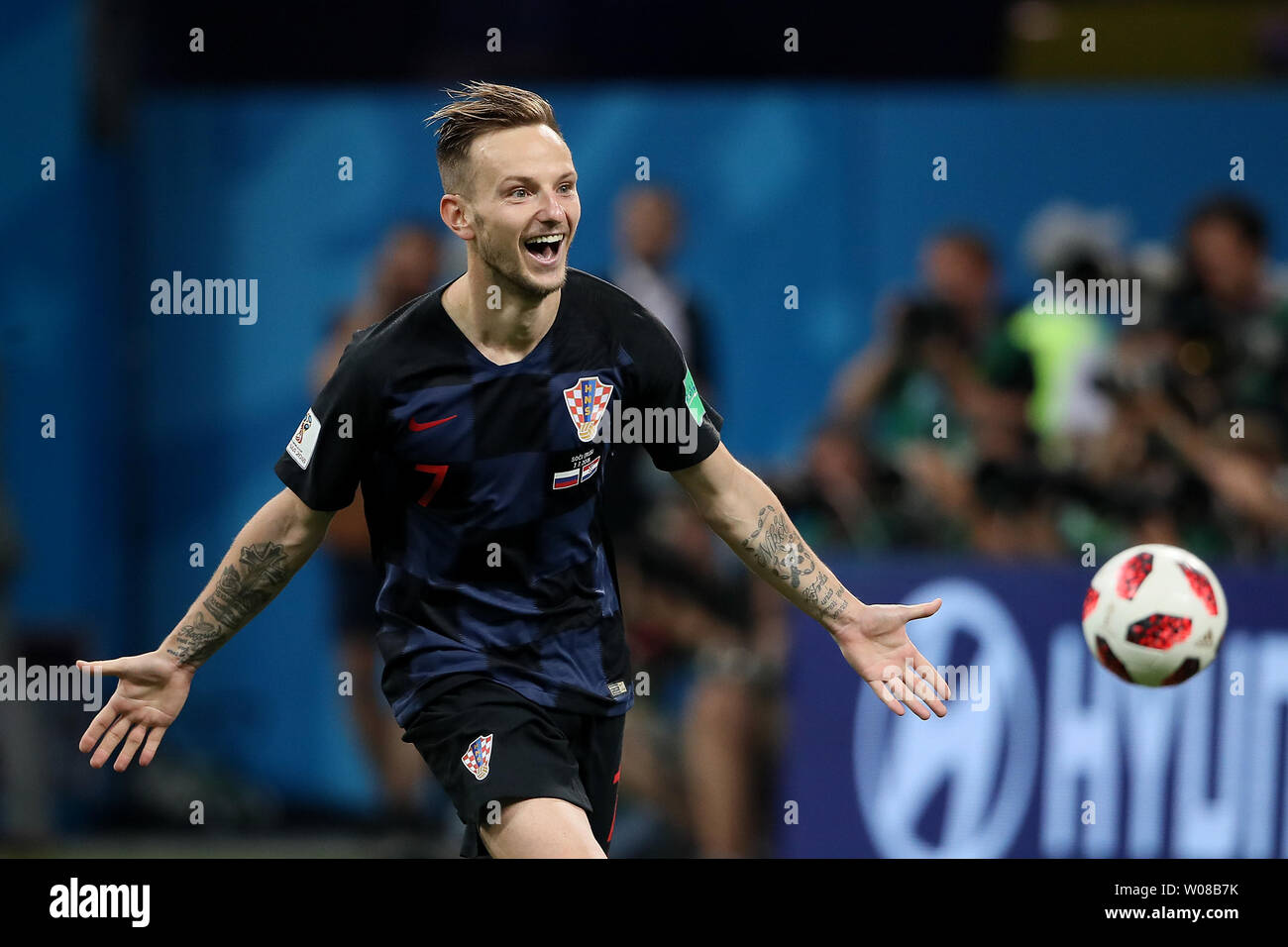 Ivan Rakitic of Croatia celebrates scoring the winning kick in the penalty shoot-out following the 2018 FIFA World Cup quarter-final match at Fisht Stadium in Sochi, Russia on July 7, 2018. Croatia beat Russia 4-3 on penalties to advance to the semi-finals. Photo by Chris Brunskill/UPI Stock Photo