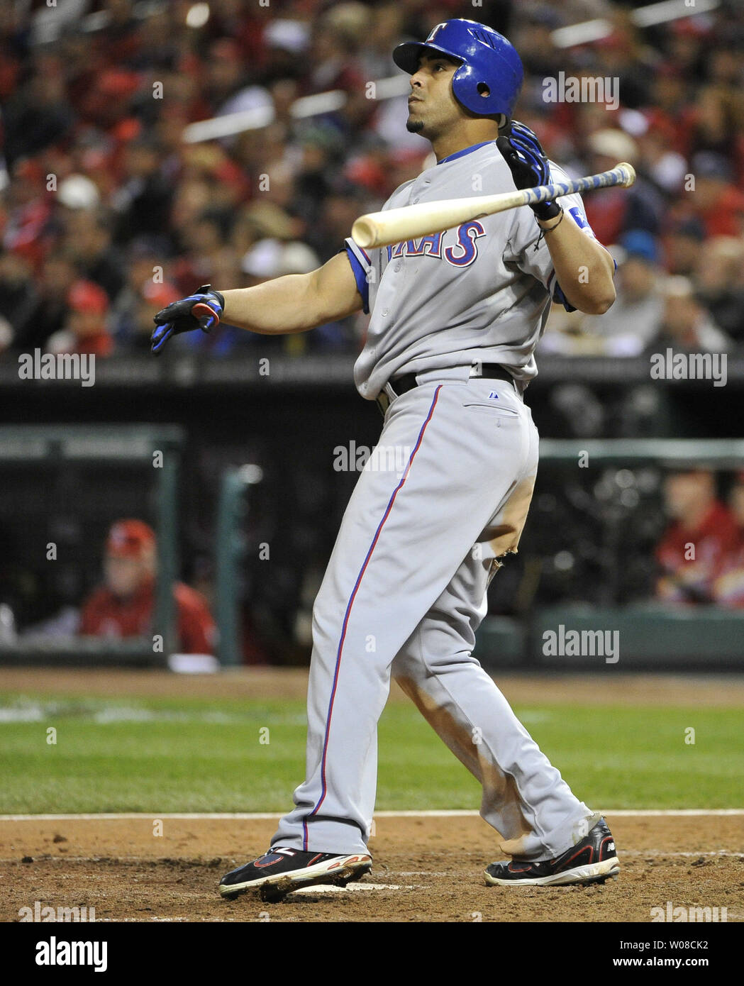 Texas Rangers Nelson Cruz celebrates after hitting a solo homerun during  the seventh inning of game 6 of the World Series against the St. Louis  Cardinals in St. Louis on October 27