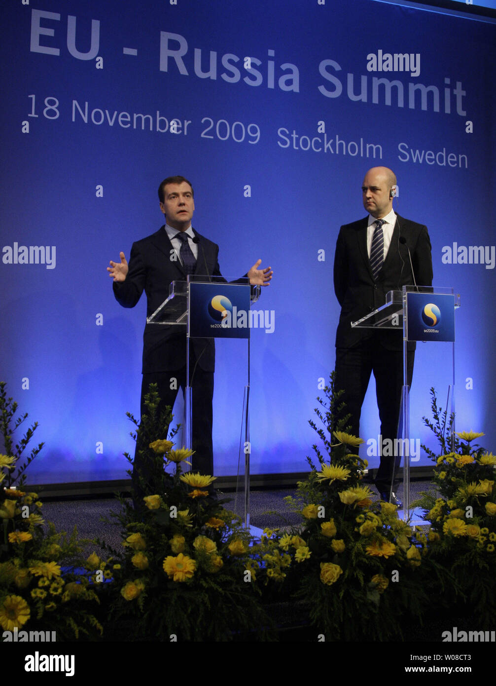 Russian President Dmitry Medvedev (L) speaks next to Swedish Prime Minister Fredrick Reinfeldt at a news conference after a one-day EU-Russia summit in Stockholm on November 18, 2009. UPI/Anatoli Zhdanov Stock Photo