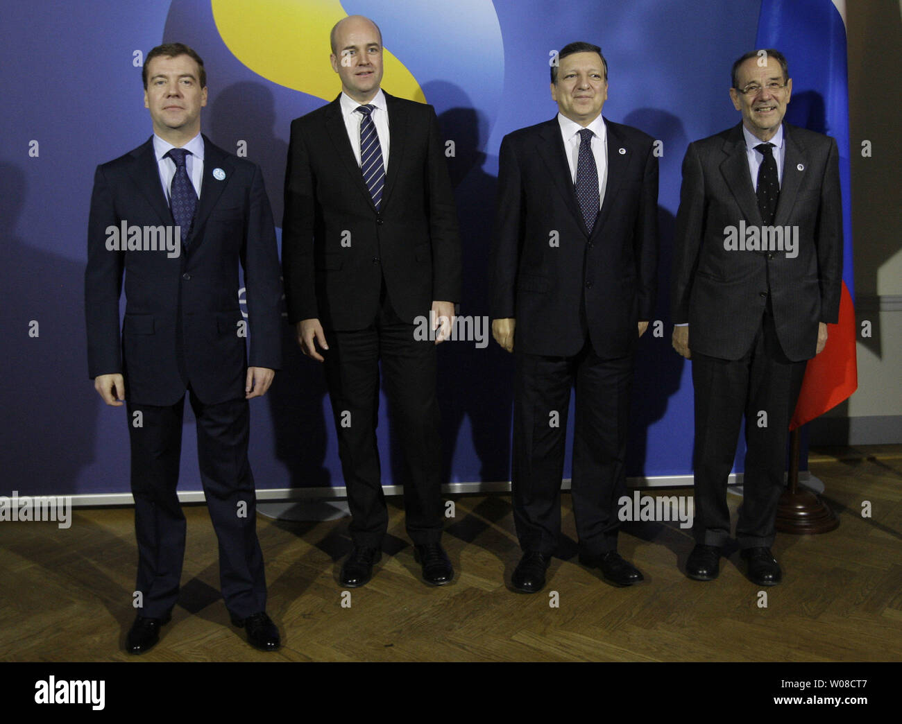 (L-R) Russian President Dmitry Medvedev, Swedish Prime Minister Fredrick Reinfeldt, European Commission President Jose Manuel Barroso and EU Foreign Policy Javier Solana pose for a group photo at the begging of  a one-day EU-Russia summit in Stockholm on November 18, 2009. UPI/Anatoli Zhdanov Stock Photo
