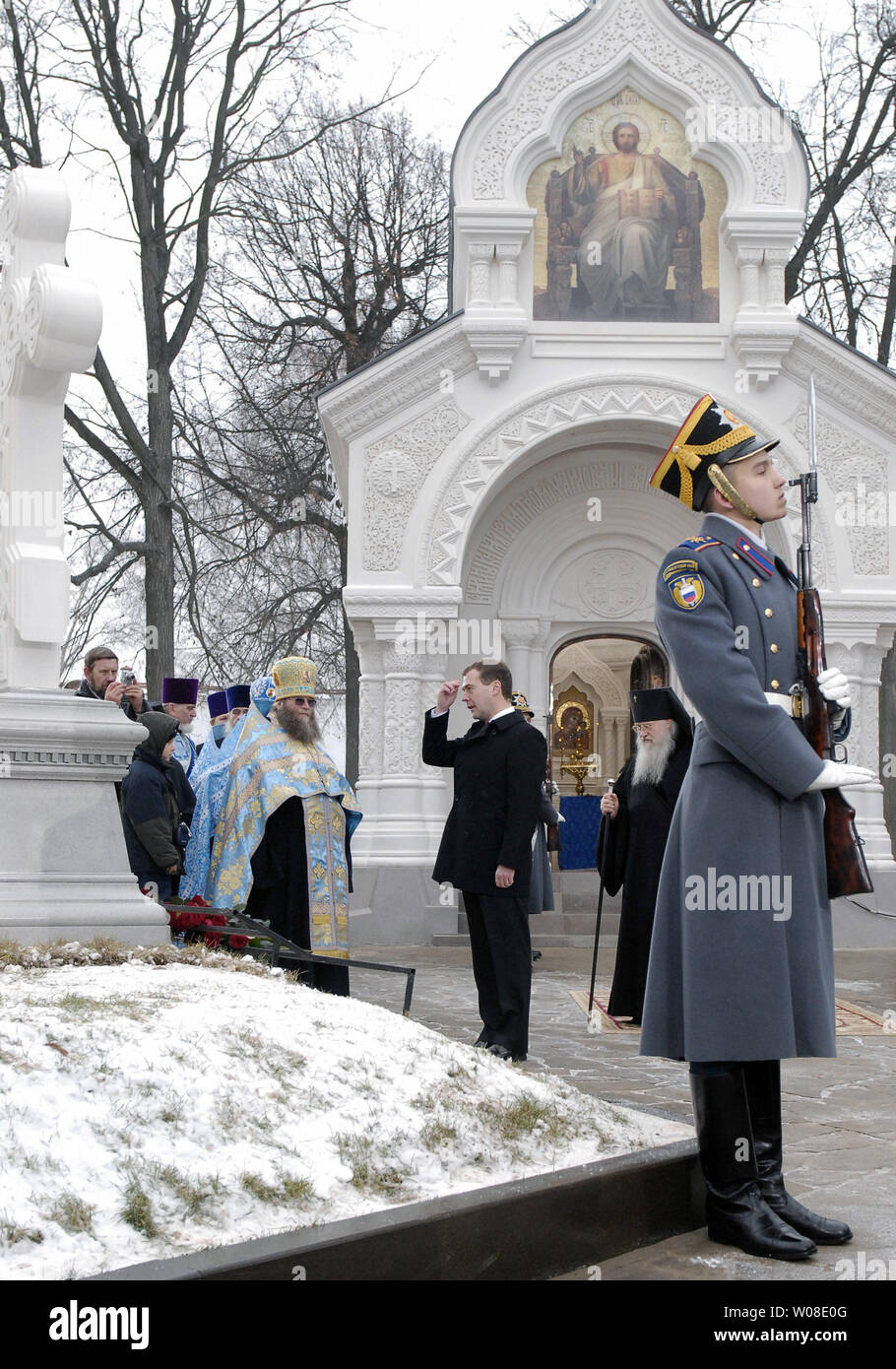 Russian President Dmitry Medvedev crosses himself in the ancient Russian town of Suzdal, about 200 km (124 miles) east of Moscow, during the unveiling ceremony of a new chapel to mark the National Unity Day on November 4, 2009. UPI/Alex Volgin Stock Photo