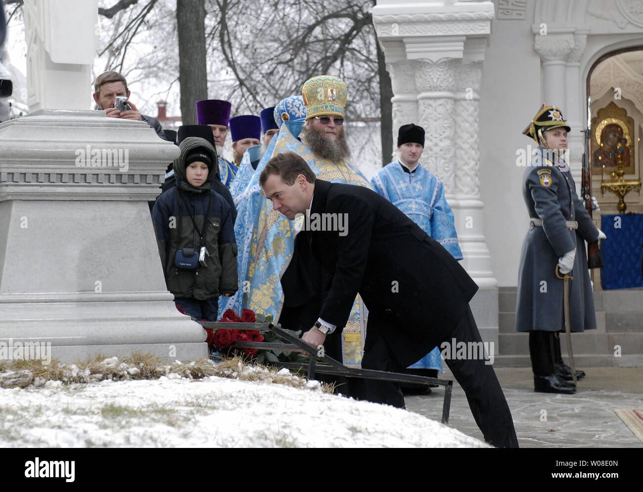 Russian President Dmitry Medvedev laws flowers in the ancient Russian town of Suzdal, about 200 km (124 miles) east of Moscow, during the unveiling ceremony of a new chapel to mark the National Unity Day on November 4, 2009. UPI/Alex Volgin Stock Photo