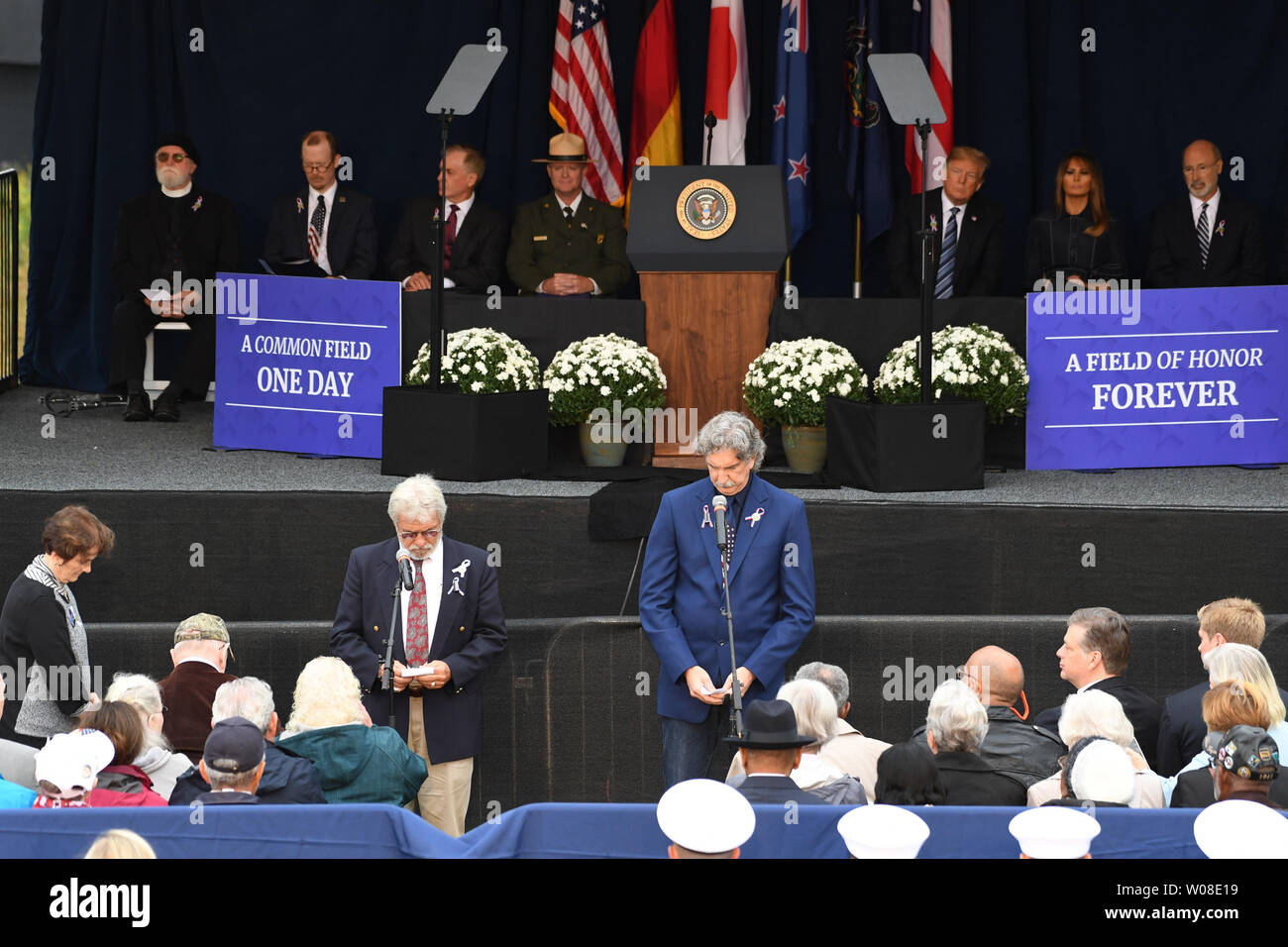 The names of those who died on Flight 93 are read at a ceremony marking the anniversary of 9/11 at the Flight 93 National Memorial in Shanksville, Pennsylvania on Tuesday, September 11, 2018. President Trump and the First Lady attended the ceremony marking the 17th anniversary of the crash of United Flight 93 on September 11, 2001.                    Photo by Pat Benic/UPI Stock Photo