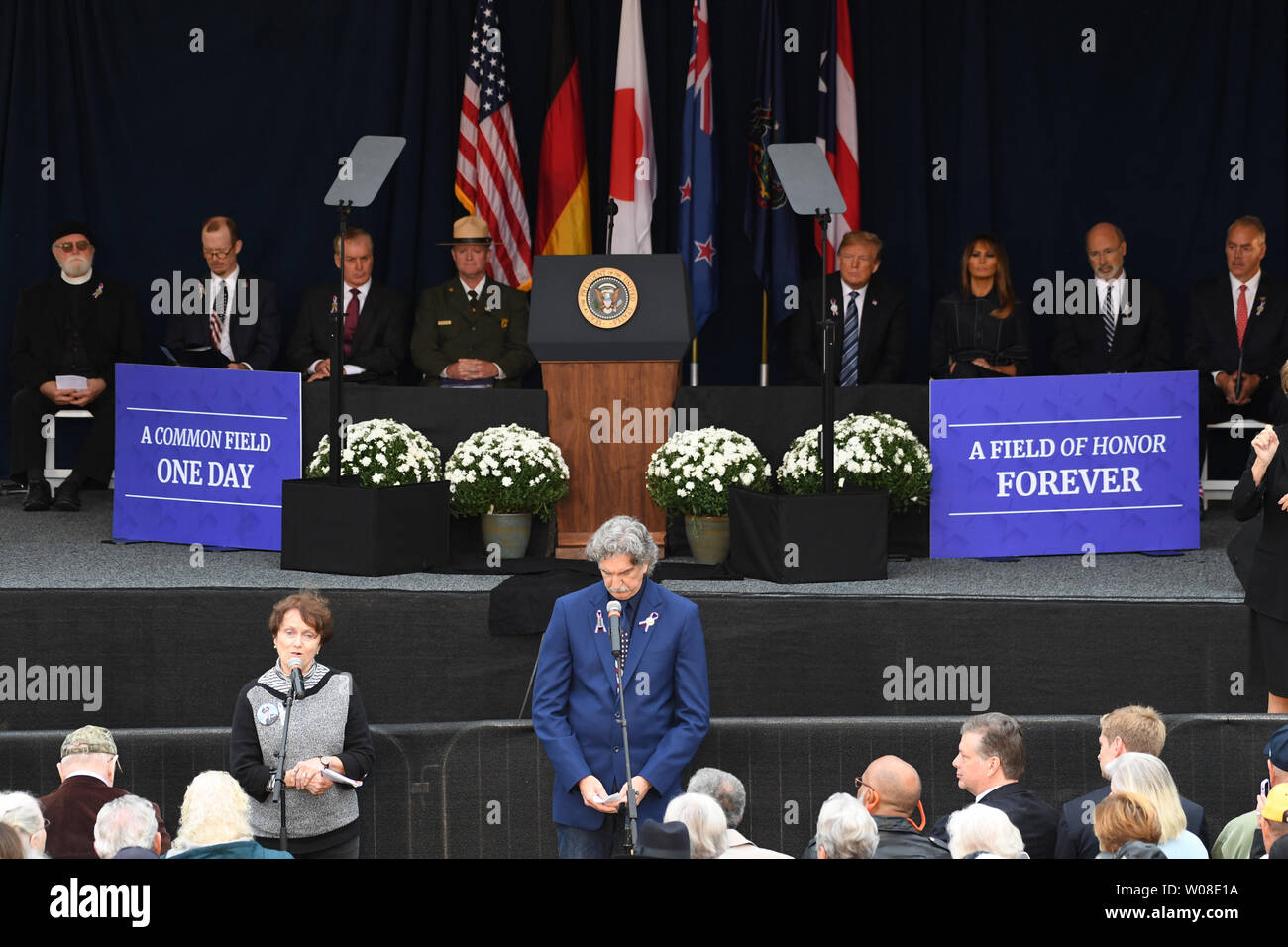 The names of those who died on Flight 93 are read at a ceremony marking the anniversary of 9/11 at the Flight 93 National Memorial in Shanksville, Pennsylvania on Tuesday, September 11, 2018. President Trump and the First Lady attended the ceremony marking the 17th anniversary of the crash of United Flight 93 on September 11, 2001.                    Photo by Pat Benic/UP9 Stock Photo