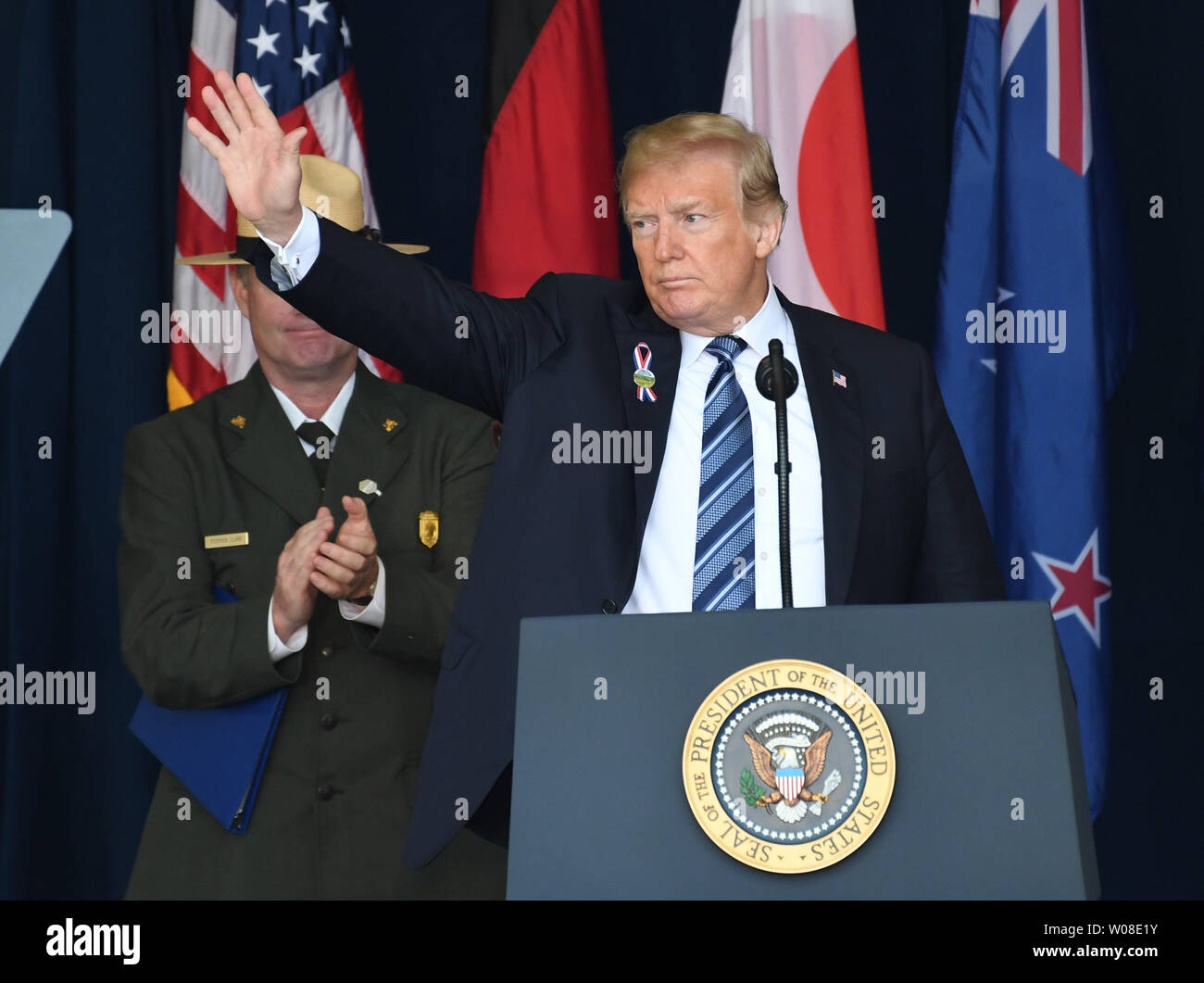 President Donald Trump waves at a ceremony marking the anniversary of 9/11 at the Flight 93 National Memorial in Shanksville, Pennsylvania on Tuesday, September 11, 2018. Flight 93 crashed during the September 11, 2001 terrorist attacks.         Photo by Pat Benic/UPI Stock Photo