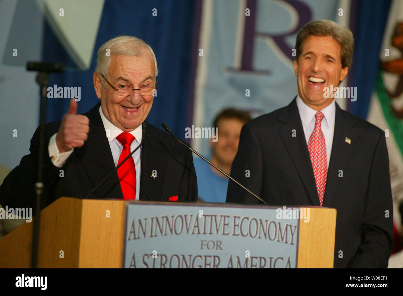 Former Chrysler Motors Chairman Lee Iacocca (L) shares a laugh  with Democratic presidential candidate, U.S. Senator John Kerry a campaign stop at San Jose State University in San Jose, CA on June 24, 2004.   (UPI Photo/Terry Schmitt) Stock Photo