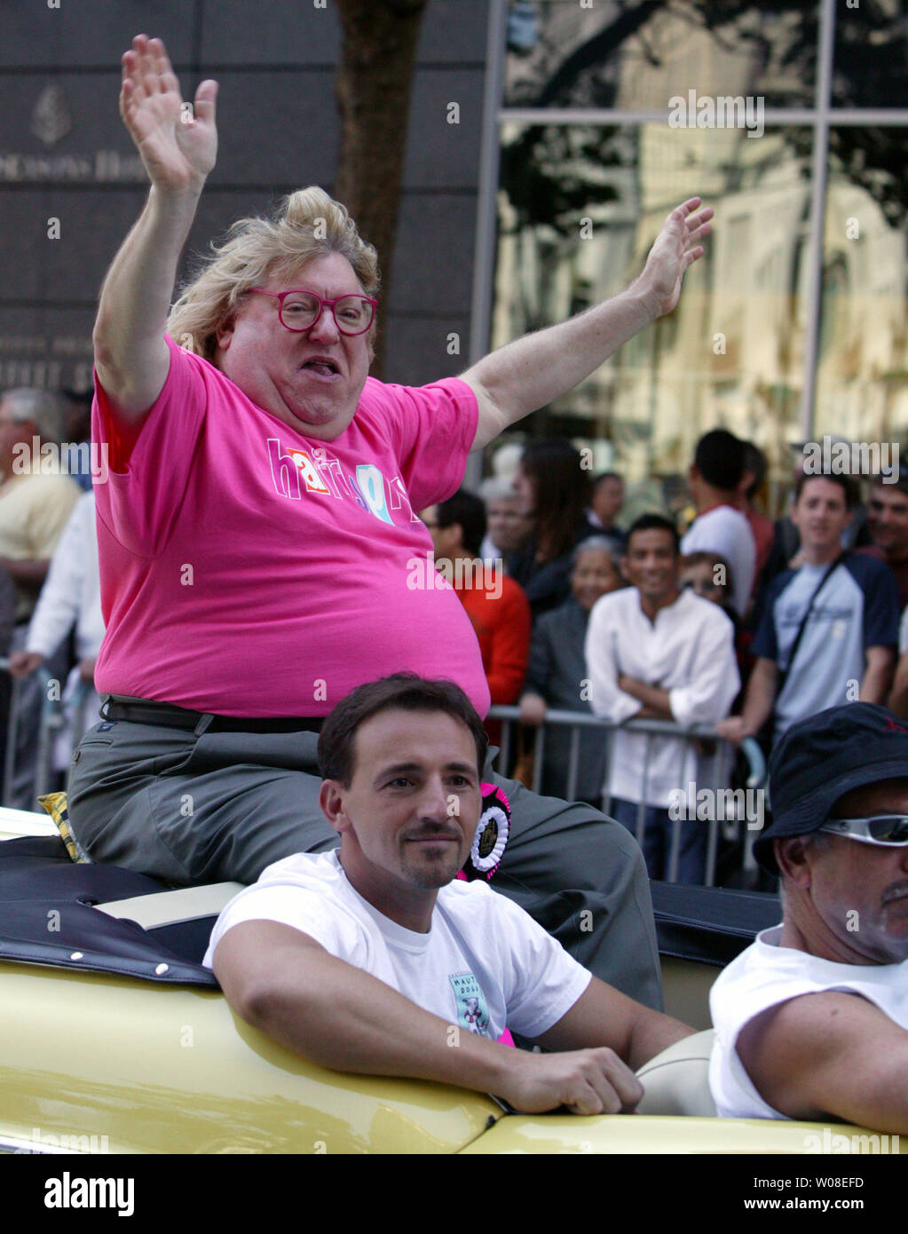 Celebrity Grand Marshal of the annual Gay Pride Parade Bruce Vilanch waves to the spectators on June 27, 2004 in San Francisco. This year's parade featured newly married couples. (UPI Photo/Terry Schmitt) Stock Photo