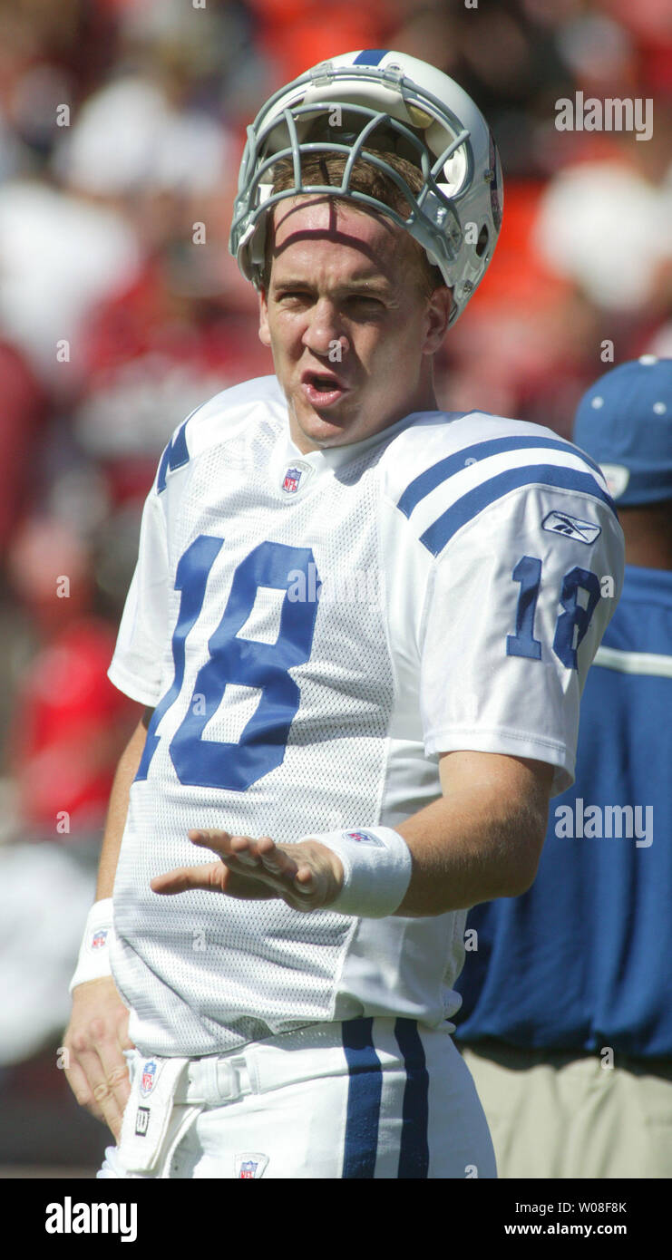 Indianapolis Colts QB Peyton Manning waits to play the San Francisco 49ers at Monster Park in San Francisco on October 9, 2005.  (UPI Photo/Terry Schmitt) Stock Photo