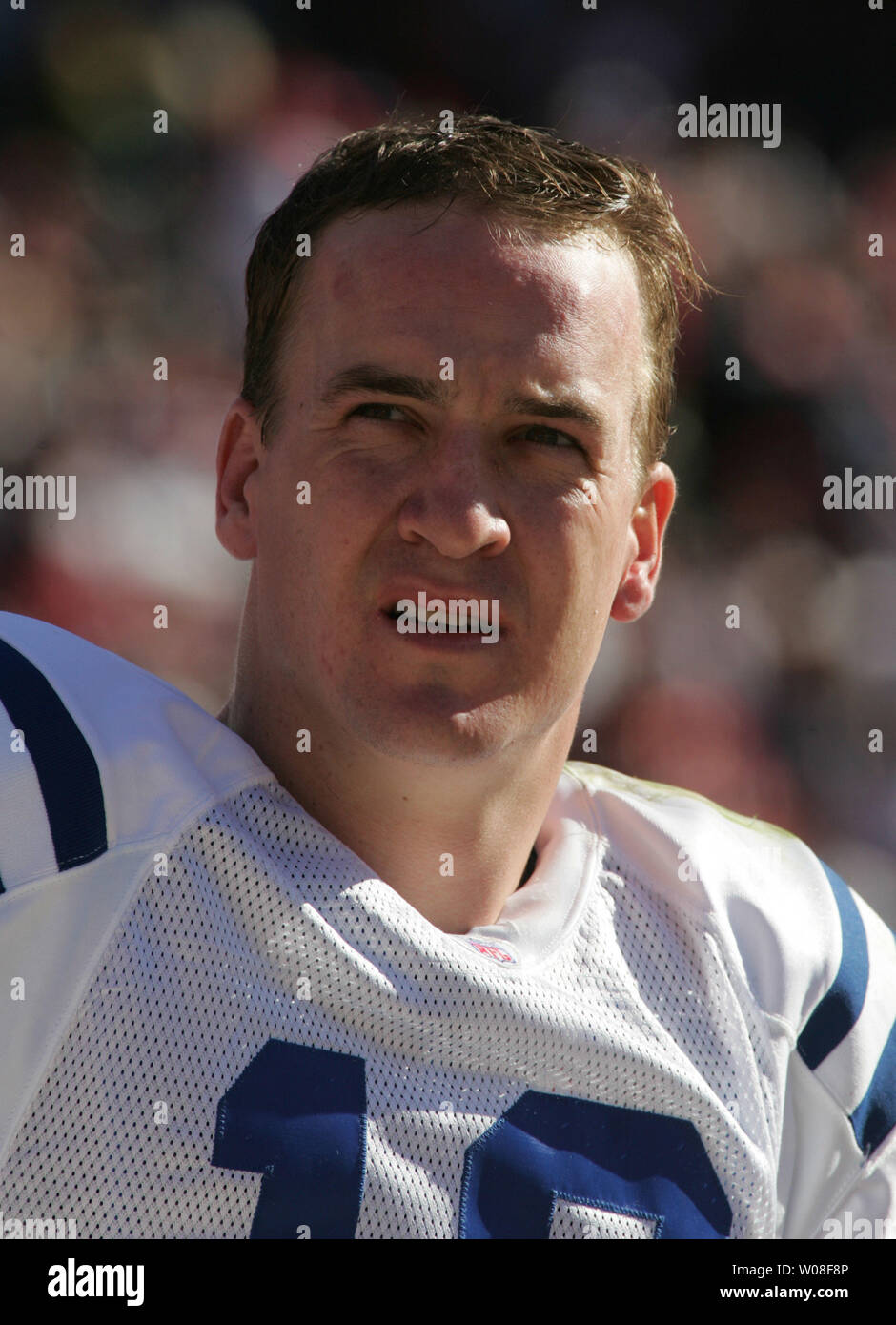 Indianapolis Colts QB Peyton Manning waits for the defense to get the ball during play against the San Francisco 49ers at Monster Park in San Francisco on October 9, 2005.  (UPI Photo/Terry Schmitt) Stock Photo