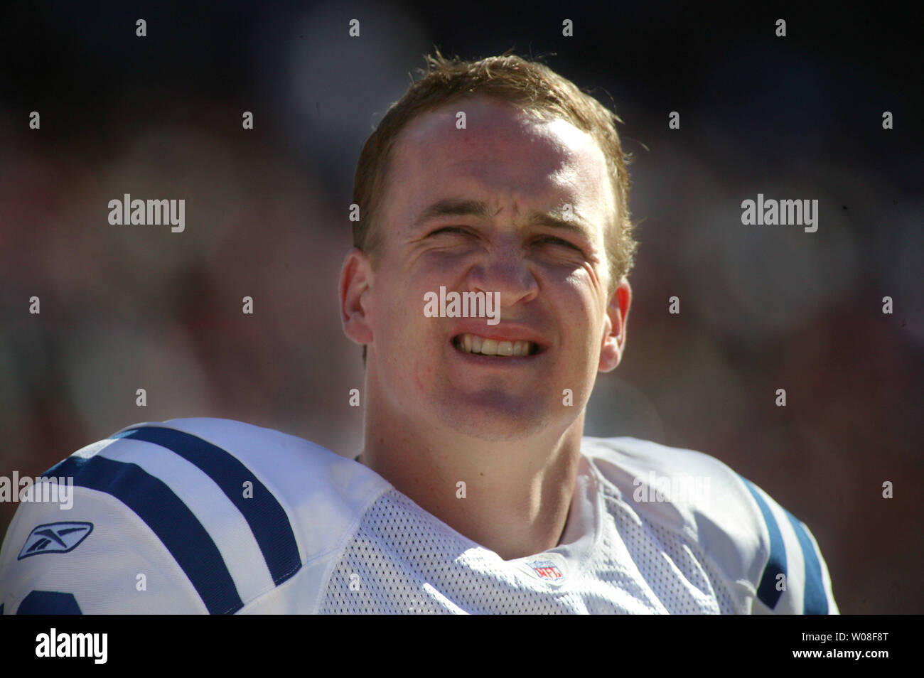 Indianapolis Colts QB Peyton Manning squints in the sun as he watches the scoreboard during play against the San Francisco 49ers at Monster Park in San Francisco on October 9, 2005.  (UPI Photo/Terry Schmitt) Stock Photo