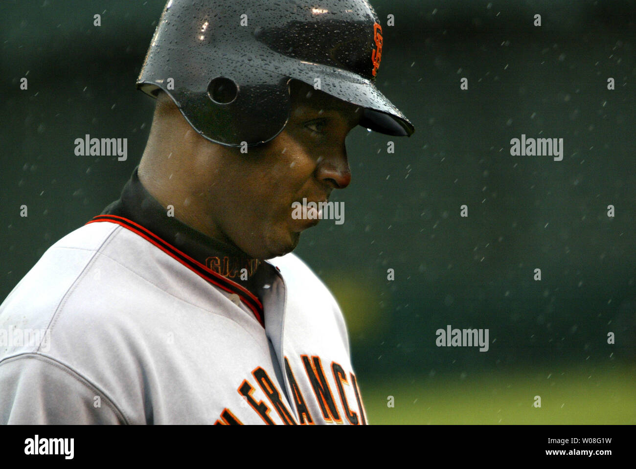 San Francisco Giants Barry Bonds waits in a light rain to bat against the Oakland A's at McAfee Coliseum in Oakland, California on May 21, 2006. Bonds went two for three but hit no homers and is still  tied with Babe Ruth in lifetime home runs at 714.  (UPI Photo/Bruce Gordon) Stock Photo