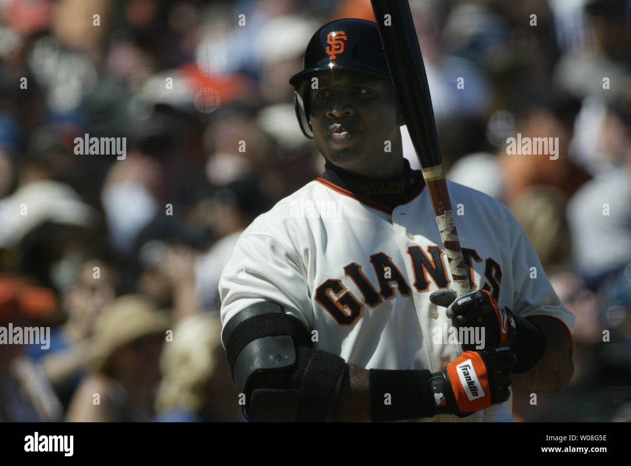 San Francisco Giants Barry Bonds waits to bat again after hitting career home run number 715 off the Colorado Rockies at AT&T Park in San Francisco on May 28, 2006. Bonds has passed Babe Ruth to be second only to Hank Aaron.  (UPI Photo/Bruce Gordon) Stock Photo
