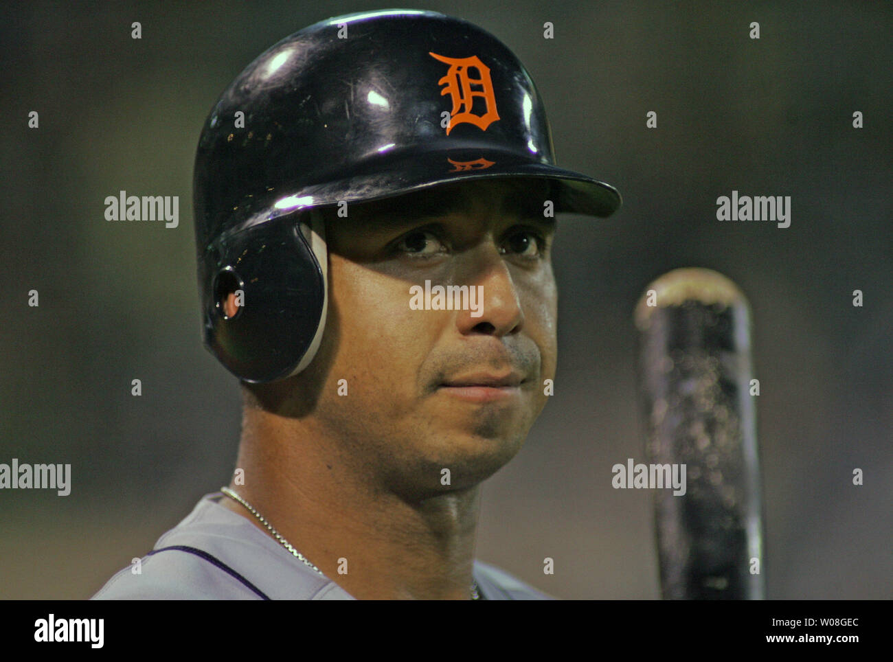 Detroit Tigers Carlos Gullien waits to bat against the Oakland A's  in the first game of the ALCS at McAfee Coliseum in Oakland, California on October 10, 2006.  (UPI Photo/Terry Schmitt) Stock Photo