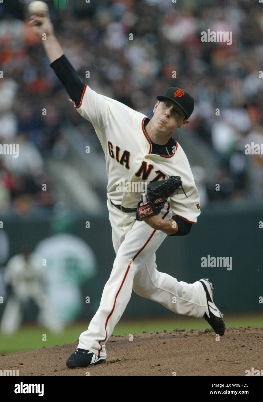 San Francisco Giants pitcher Tim Lincecum throws against the Washington Nationals in the first inning at AT&T Park in San Francisco on August 6, 2007.   (UPI Photo/Bruce Gordon) Stock Photo