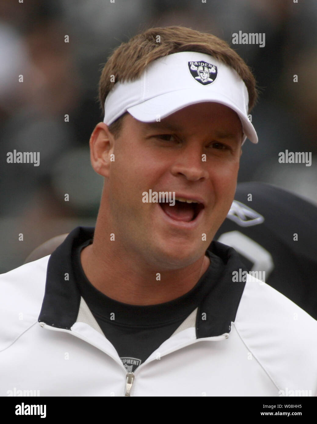 Oakland Raiders Head Coach Lane Kiffin shouts directions during warmups before play against the Detroit Lions at McAfee Coliseum in Oakland, California on September 9, 2007. The Lions defeated the Raiders 36-21.   (UPI Photo/Terry Schmitt) Stock Photo