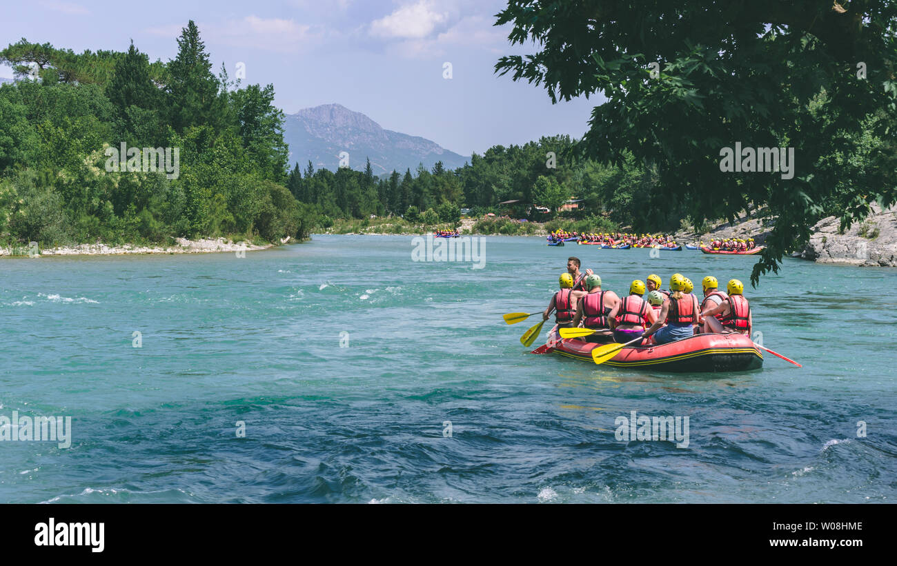 3rd June 2018; Antalya, Turkey - Rafting team in the boat in Koprulu Kanyon. Rafting is one of the most favorite activities for tourists in Antalya. Stock Photo