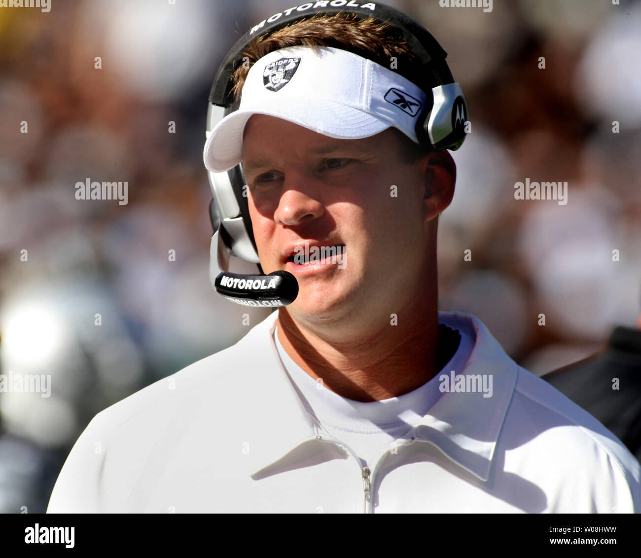 Oakland Raiders Head Coach Lane Kiffin directs his team against the Kansas City Chiefs at Network Associates Coliseum in Oakland, California on October 21, 2007. The Chiefs defeated the Raiders 12-10.   (UPI Photo/Terry Schmitt) Stock Photo