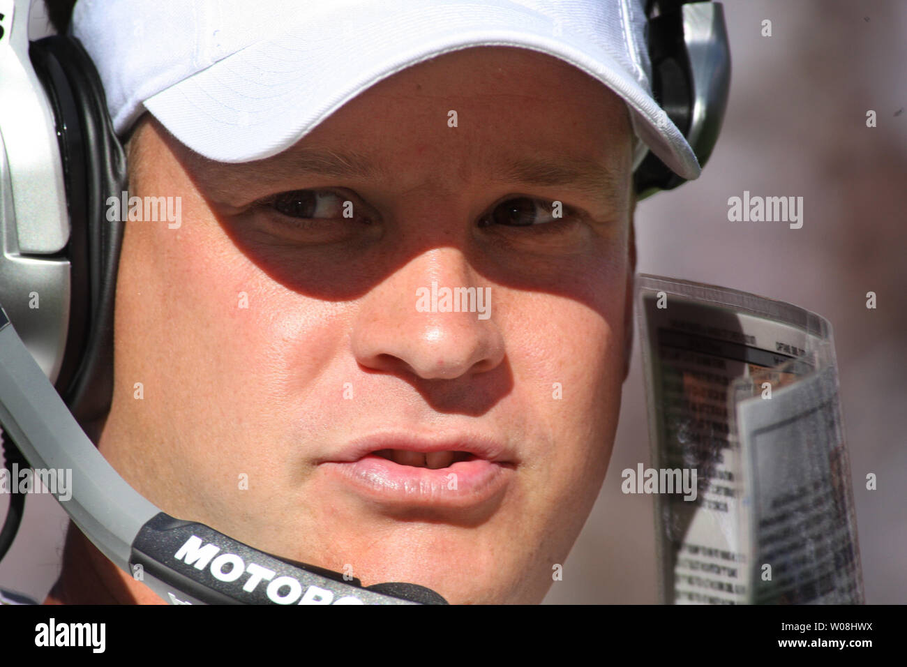 Oakland Raiders Head Coach Lane Kiffin directs his team against the Kansas City Chiefs at Network Associates Coliseum in Oakland, California on October 21, 2007. The Chiefs defeated the Raiders 12-10.   (UPI Photo/Terry Schmitt) Stock Photo