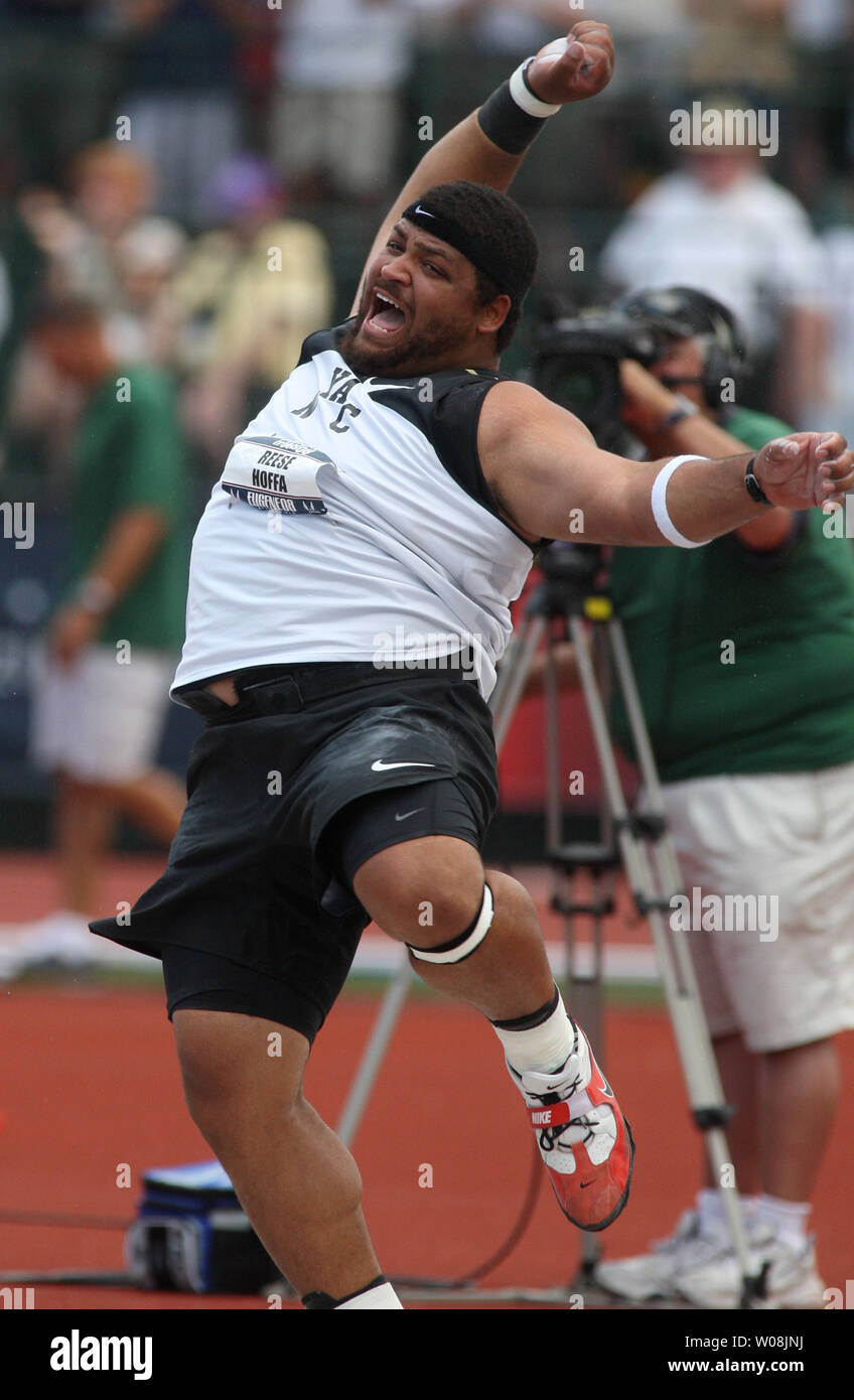 U.S. shot putter Reese Hoffa shouts after a throw of 22.10 meters to