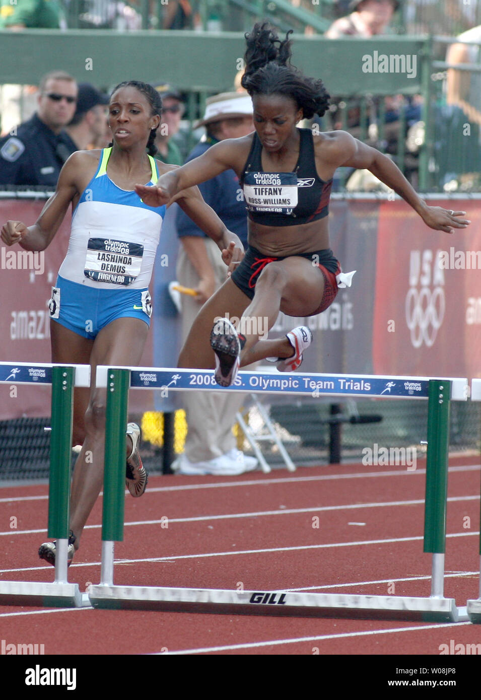 Tiffany Ross-Williams clears the last hurdle en route to winning the 400 Meter hurdles at the U.S. track and field Olympic trials in Eugene, Oregon on June 29, 2008. Ross-Wiliams ran a 54.03 to win and make the U.S. Olympic team.   (UPI Photo/Terry Schmitt) Stock Photo