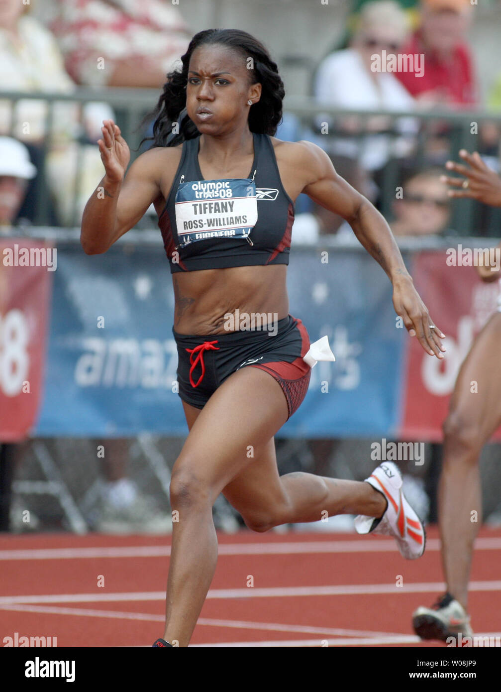 Tiffany Ross-Williams sprints to the finish in the 400 Meter hurdles at the U.S. track and field Olympic trials in Eugene, Oregon on June 29, 2008. Ross-Wiliams ran a 54.03 to win and make the U.S. Olympic team.   (UPI Photo/Terry Schmitt) Stock Photo