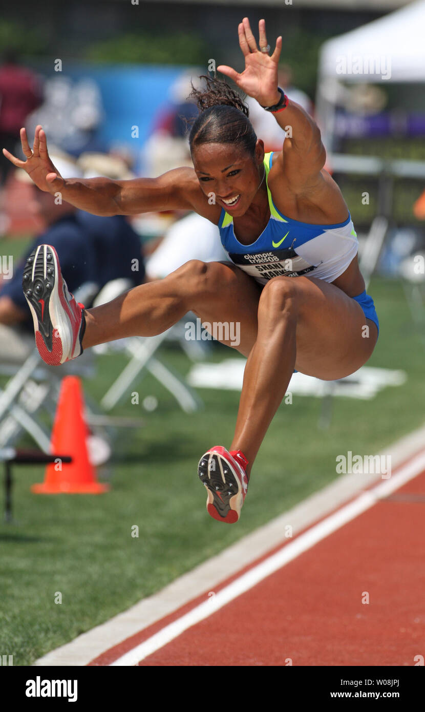 Shani Marks heads for the sand in the triple jump at the U.S. track and field Olympic trials in Eugene, Oregon on June 29, 2008. Marks jumped 14.38 meters to win the event and a spot on the U.S. Olympic team.  (UPI Photo/Terry Schmitt) Stock Photo