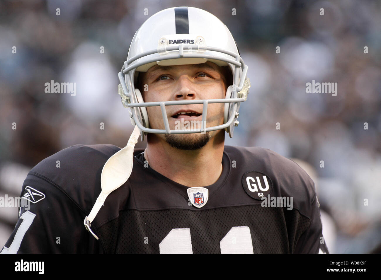 Oakland Raiders Sebastian Janikowski watches play against the Carolina Panthers in the third quarter at the Coliseum in Oakland, California on November 9, 2008. Janikowski kicked two field goals to break the Raiders all time scoring record with 865 points as the Panthers defeated the Raiders 17-6.    (UPI Photo/Terry Schmitt) Stock Photo