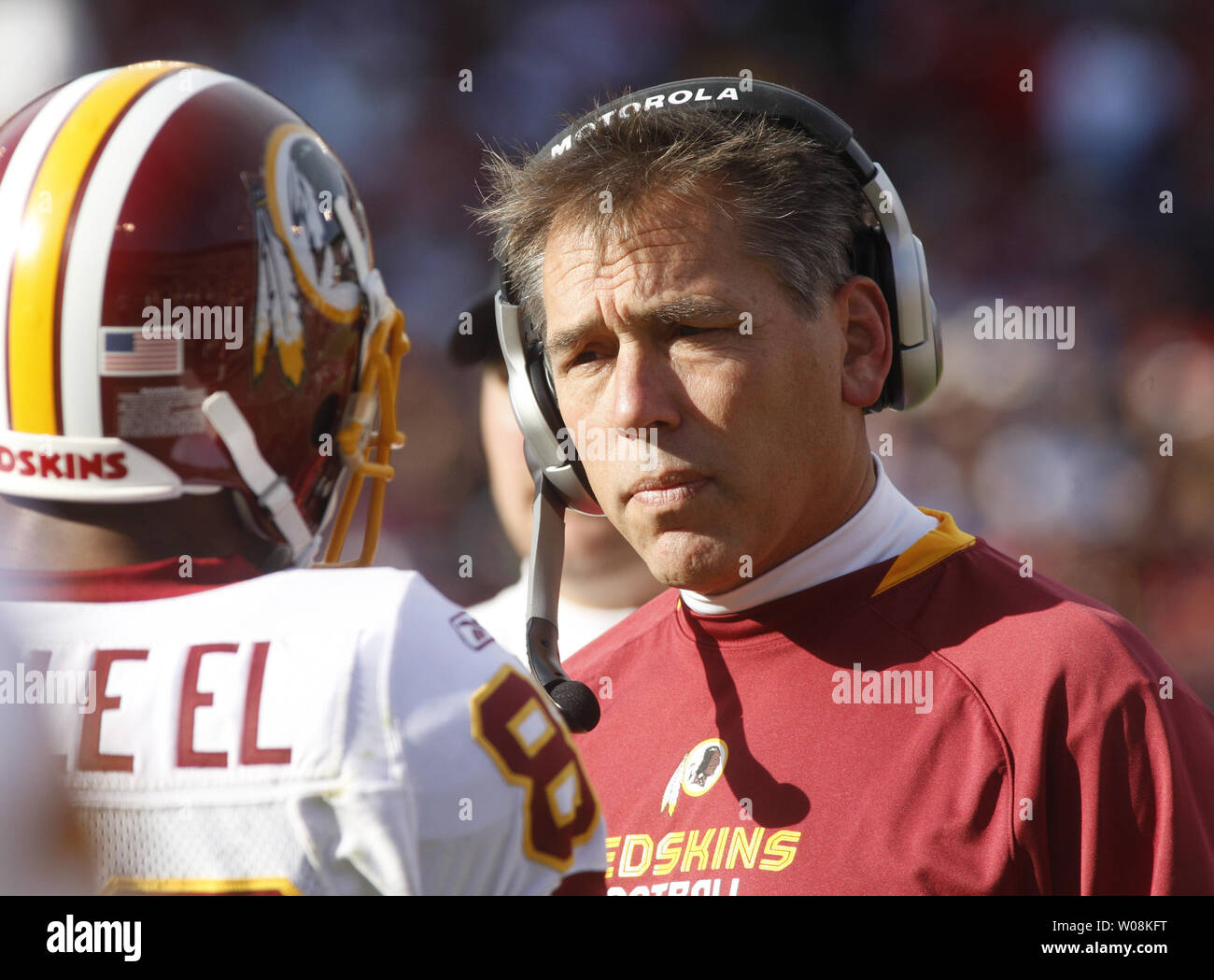 Washington Redskins head coach Jim Zorn listens to Antwaan Randle El during play against the San Francisco 49ers at Candlestick Park in San Francisco on December 28, 2008. The Niners defeated the Redskins 27-24.   (UPI Photo/Terry Schmitt) Stock Photo