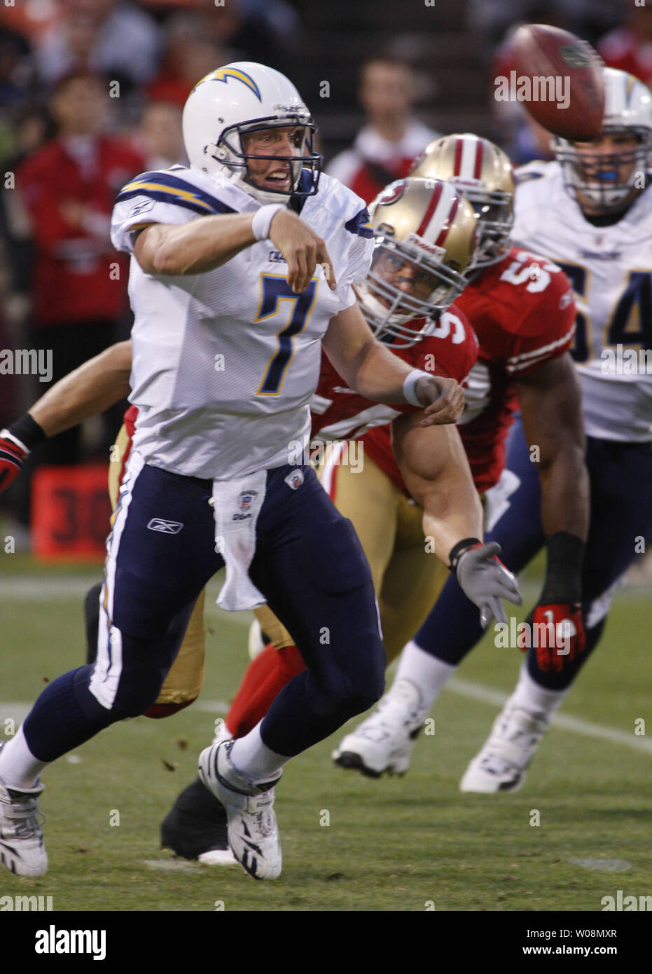 Seattle Seahawks Leon Washington (33) tries to fend off San Francisco 49ers  Justin Smith at Candlestick Park in San Francisco on December 12, 2010. The  49ers defeated the Seahawks 40-21 UPI/Terry Schmitt