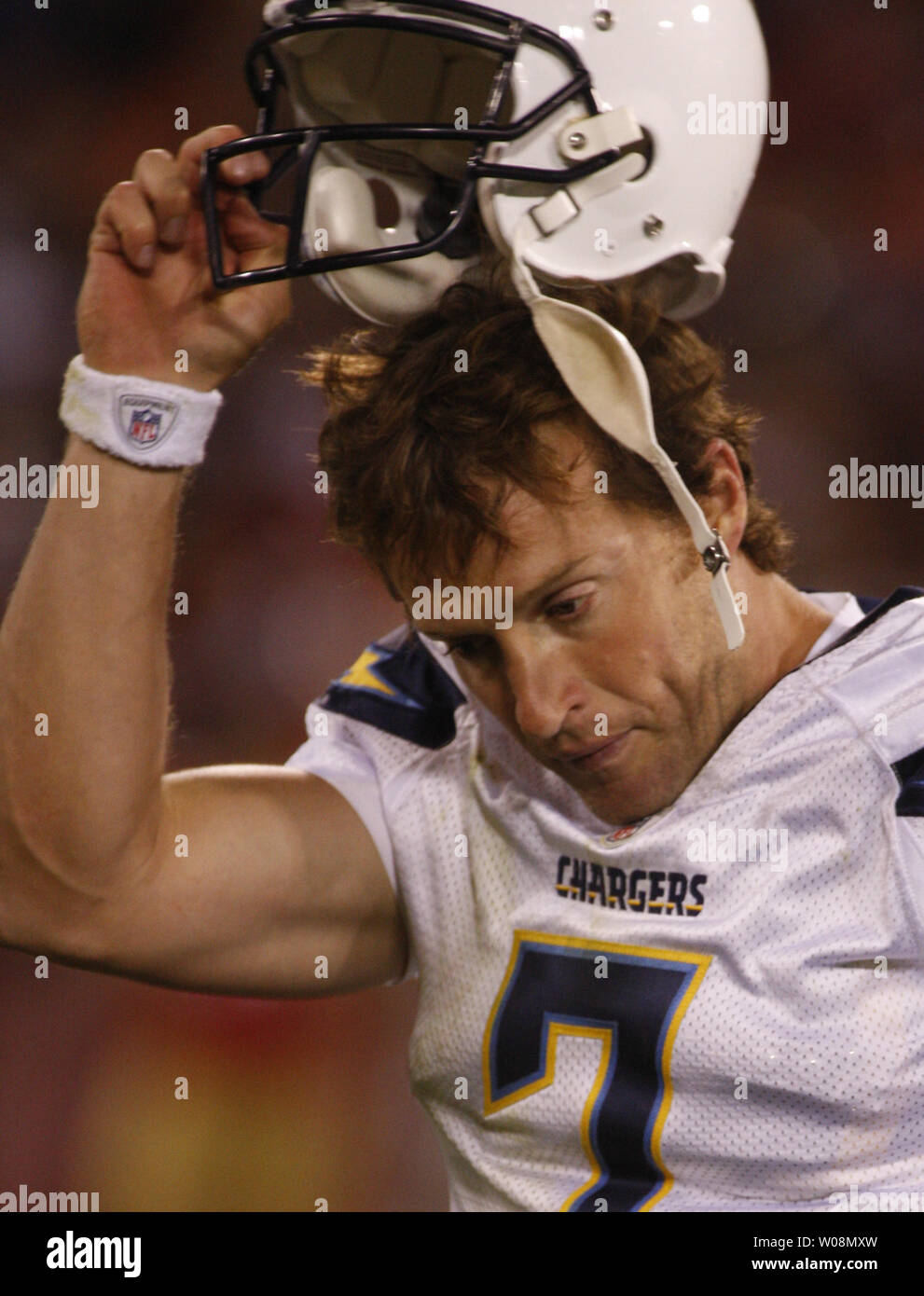 A close up view of a helmet of the San Diego Chargers taken on the