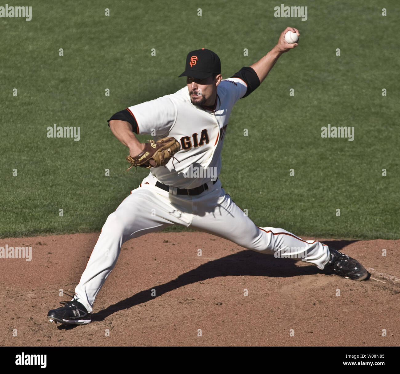 San Francisco Giants Javier Lopez pitches in the eighth inning against the Philadelphia Phillies at the NLCS at AT&T Park in San Francisco on October 19, 2010. Lopez pitched three up three down as the Giants defeated the Phillies 3-0.   UPI/Terry Schmitt Stock Photo