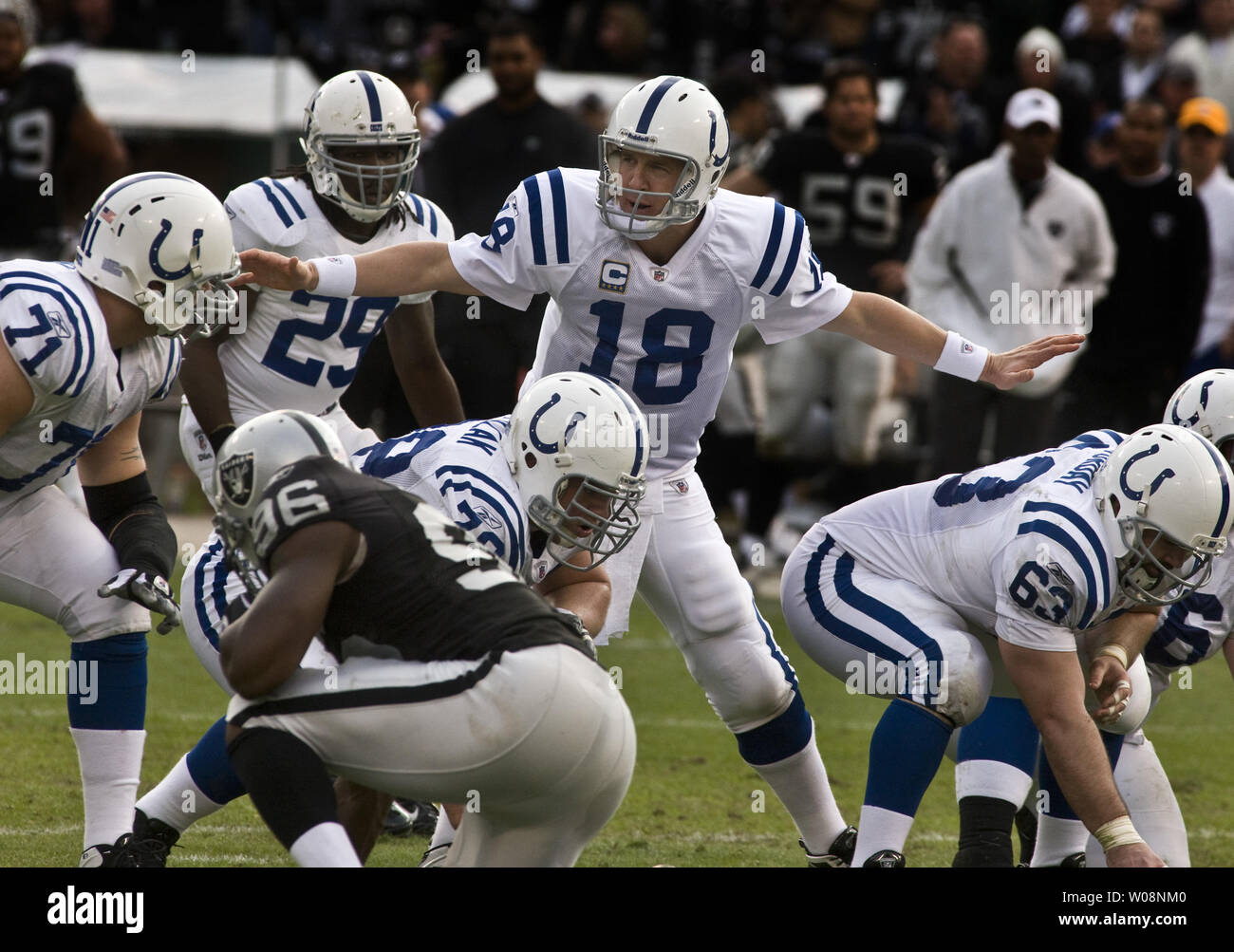 Indianapolis Colts Peyton Manning changes the play against the  Oakland Raiders at the Oakland Coliseum in Oakland, California on December 26, 2010.  The Colts defeated the Raiders 31-26.     UPI/Terry Schmitt Stock Photo