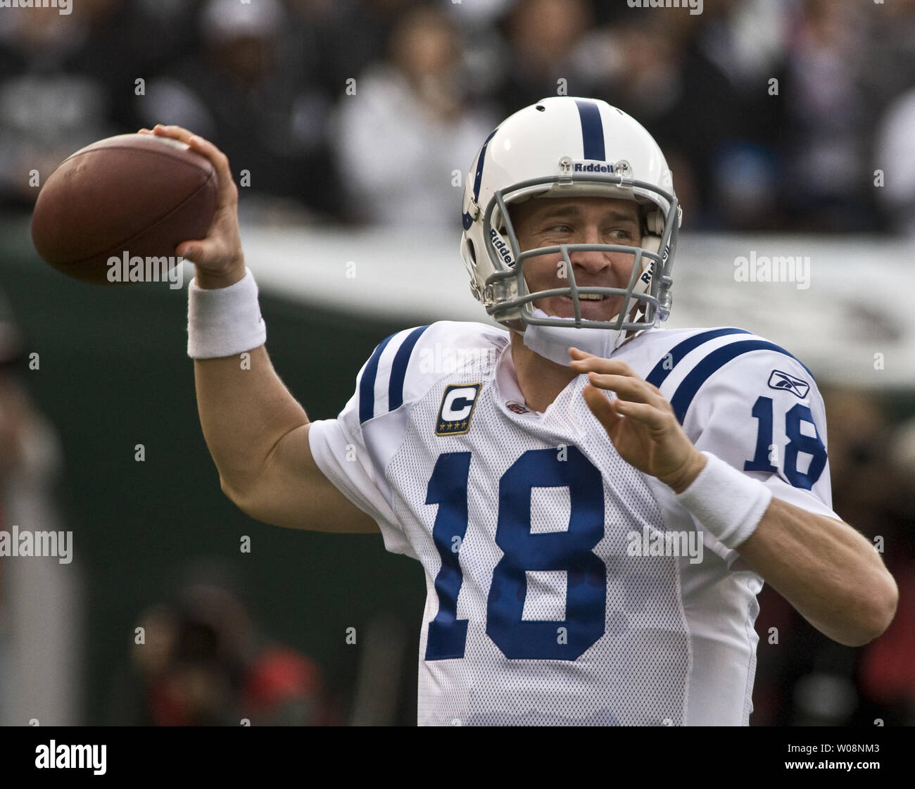 Indianapolis Colts Peyton Manning passes against the  Oakland Raiders at the Oakland Coliseum in Oakland, California on December 26, 2010.  The Colts defeated the Raiders 31-26.     UPI/Terry Schmitt Stock Photo