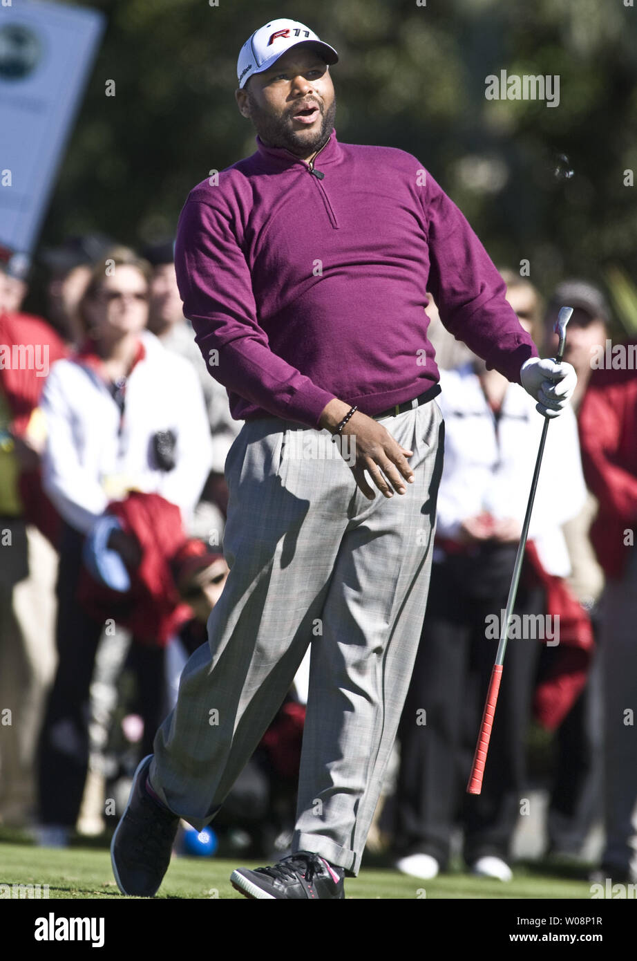 Actor Anthony Anderson watches his tee shot on the 17th hole at the 3M Celebrity Challenge, a prelude to the AT&T Pebble Beach National Pro-Am at Pebble Beach, California on February 9, 2011.   UPI/Terry Schmitt Stock Photo