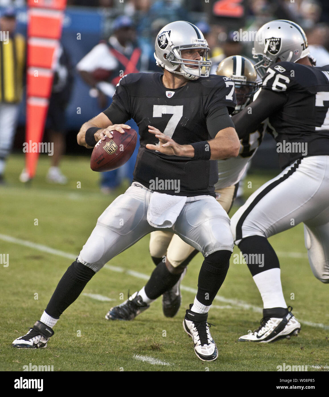 Oakland Raiders QB Kyle Boller (7) looks to pass against the New Orleans Saints at the Coliseum in Oakland, California on August 28, 2011.   UPI/Terry Schmitt Stock Photo