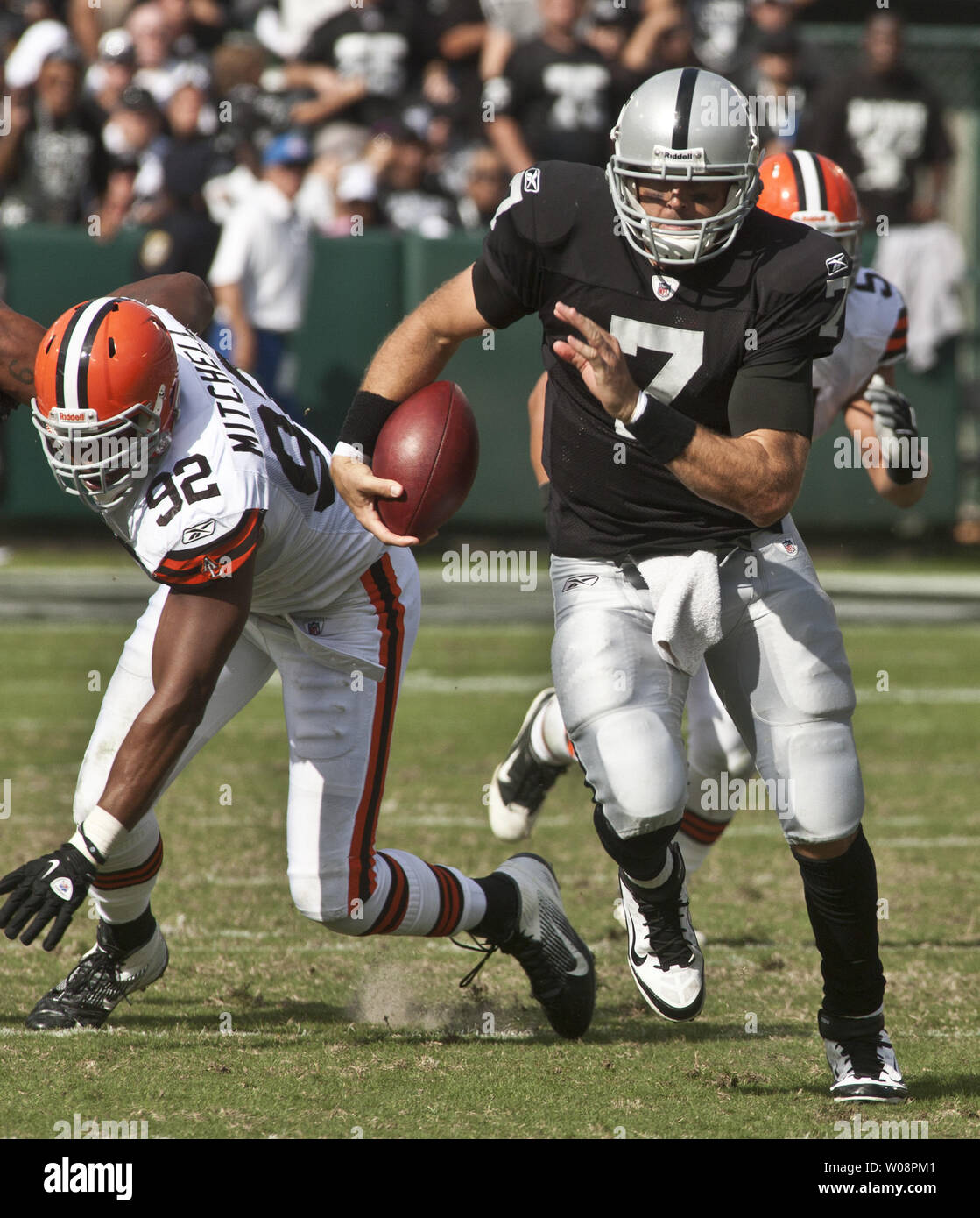 Oakland Raiders QB Kyle Boller, playing for the injured Jason Campbell runs against the Cleveland Browns at the Coliseum in Oakland, California on October 16, 2011. The Raiders defeated the Browns 24-17.     UPI/Terry Schmitt Stock Photo