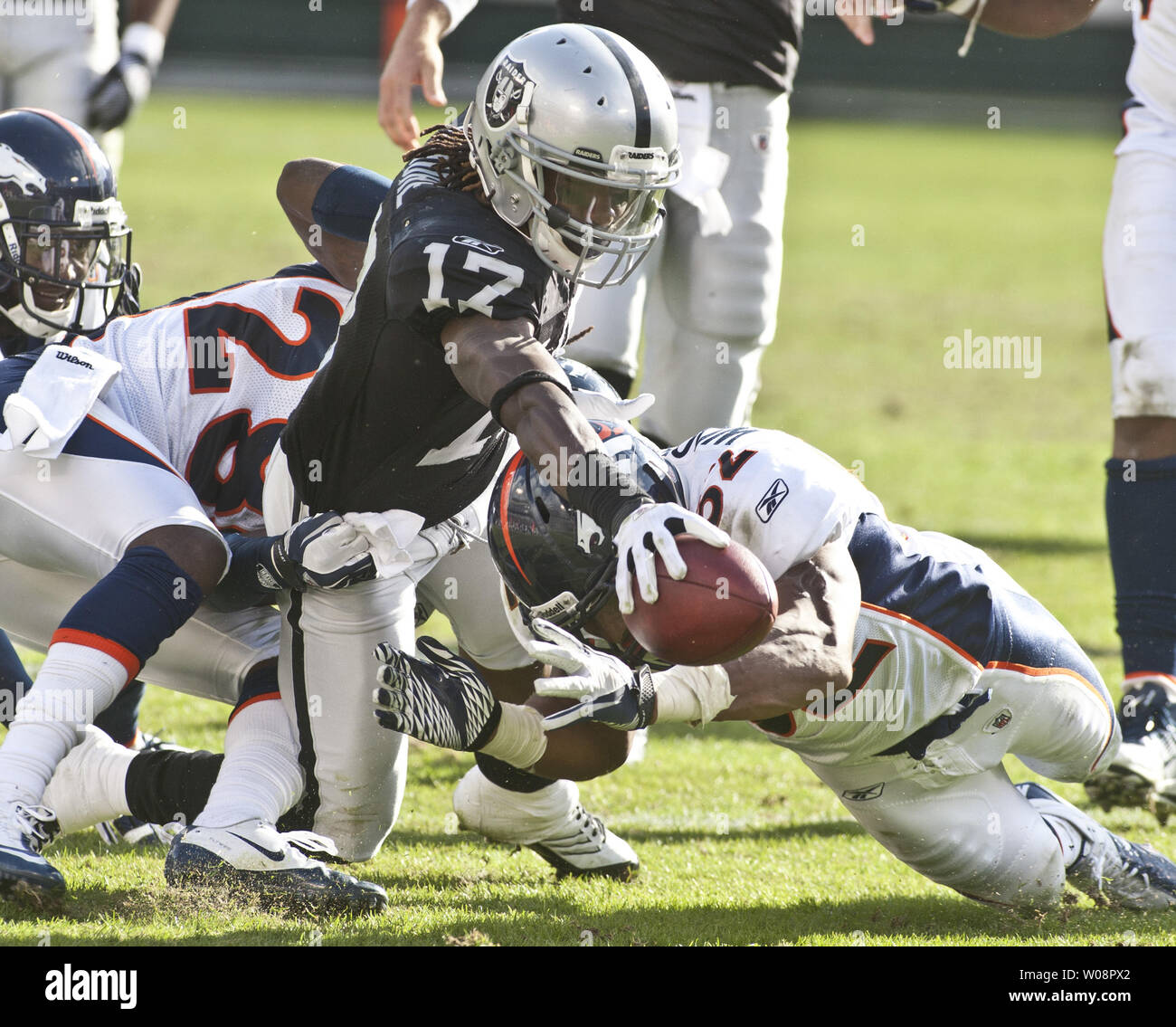 Oakland Raiders WR Denarius Moore (17) extends the ball over the first down line against the Denver Broncos at the O.co Coliseum in Oakland, California on November 6, 2011. The Broncos beat the Raiders 38-24.    UPI/Terry Schmitt Stock Photo