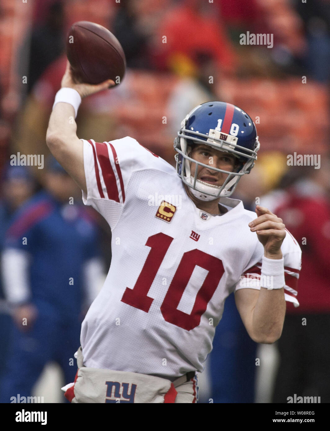New York Giants  QB Eli Manning warms up to play theSan Francisco 49ers in the NFC Championship at Candlestick Park in San Francisco on January 22, 2012.    UPI/Terry Schmitt Stock Photo