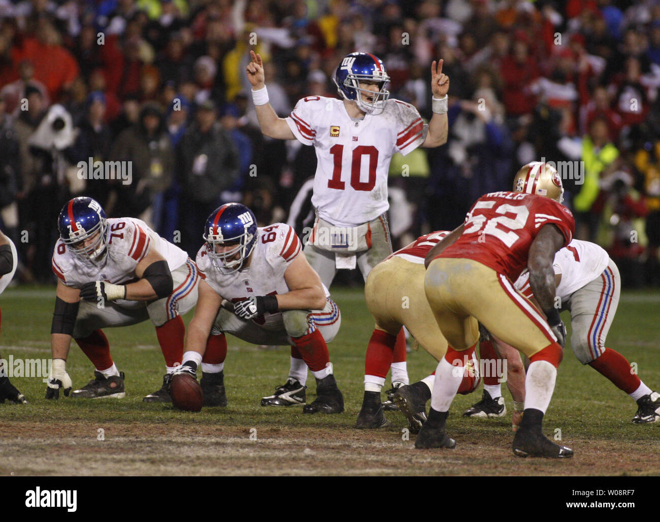 New York Giants QB Eli Manning changes the call at the line against the San Francisco 49ers in the NFC Championship at Candlestick Park in San Francisco on January 22, 2012. The Giants won 20-17.    UPI/Terry Schmitt Stock Photo