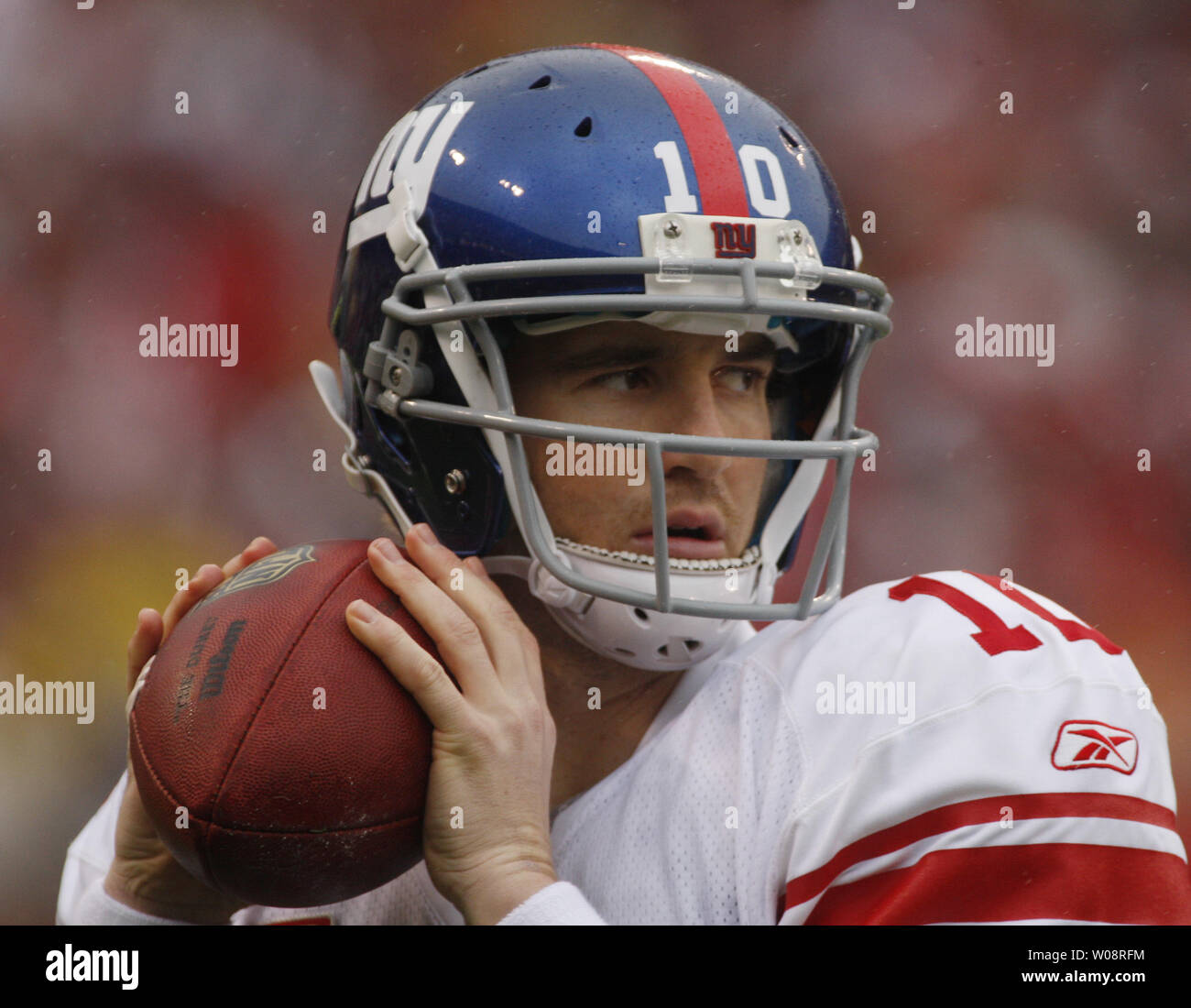 New York Giants QB Eli Manning (10) warms up for the  San Francisco 49ers in the NFC Championship at Candlestick Park in San Francisco on January 22, 2012. The Giants won 20-17.    UPI/Terry Schmitt Stock Photo