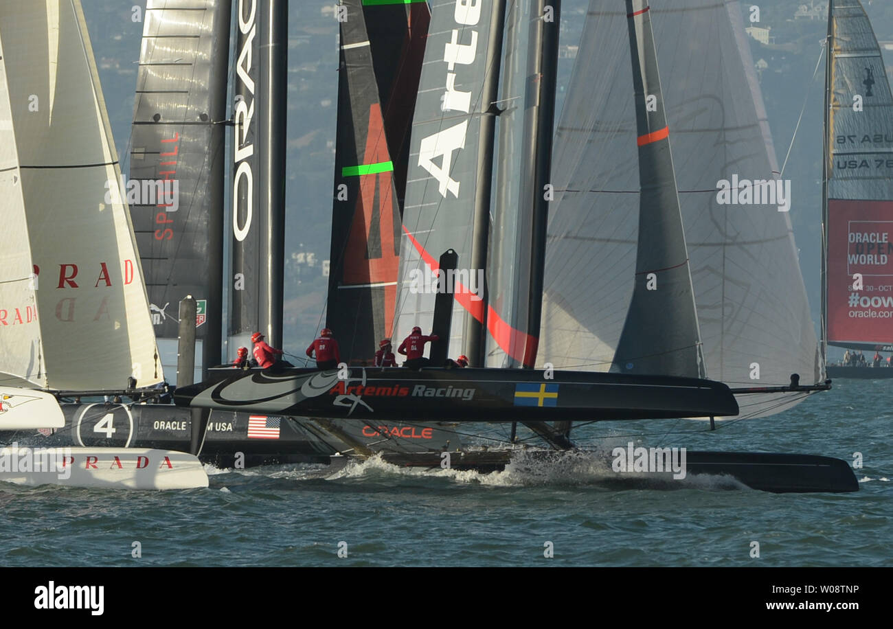 Artemis racing of Sweden (R) leads Oracle Team USA, skippered by Jimmy Spithill and Luna Rossa of Italy at the start of a fleet race in the America's Cup World Series on San Francisco Bay on October 4, 2012.    UPI/Terry Schmitt Stock Photo
