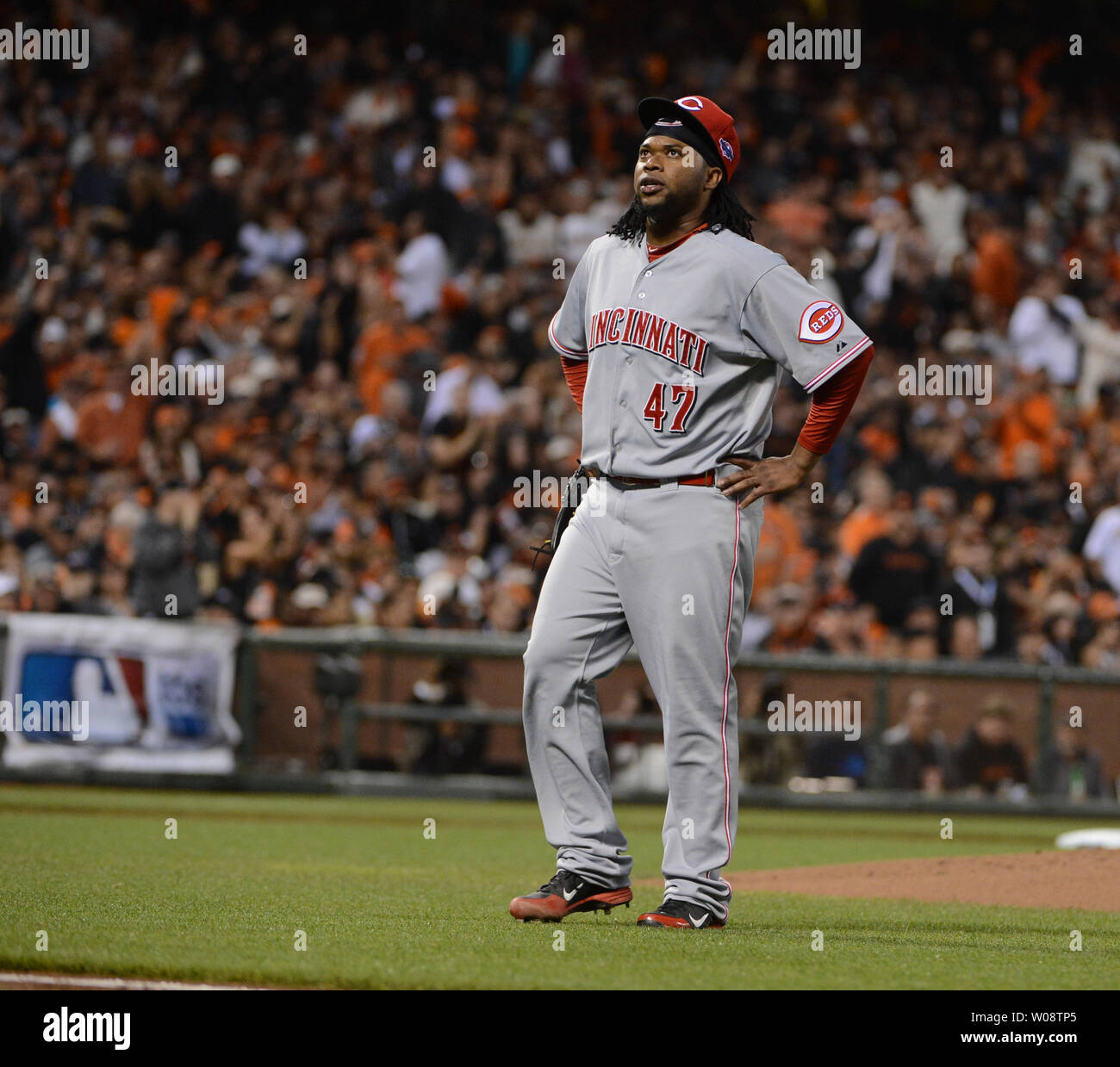 Cincinnati Reds starting pitcherJohnny Cueto leaves the game with an injury in the first inning against the San Francisco Giants in the National League Divisional Series at AT&T Park in San Francisco on October 6, 2012.   UPI/Terry Schmitt Stock Photo