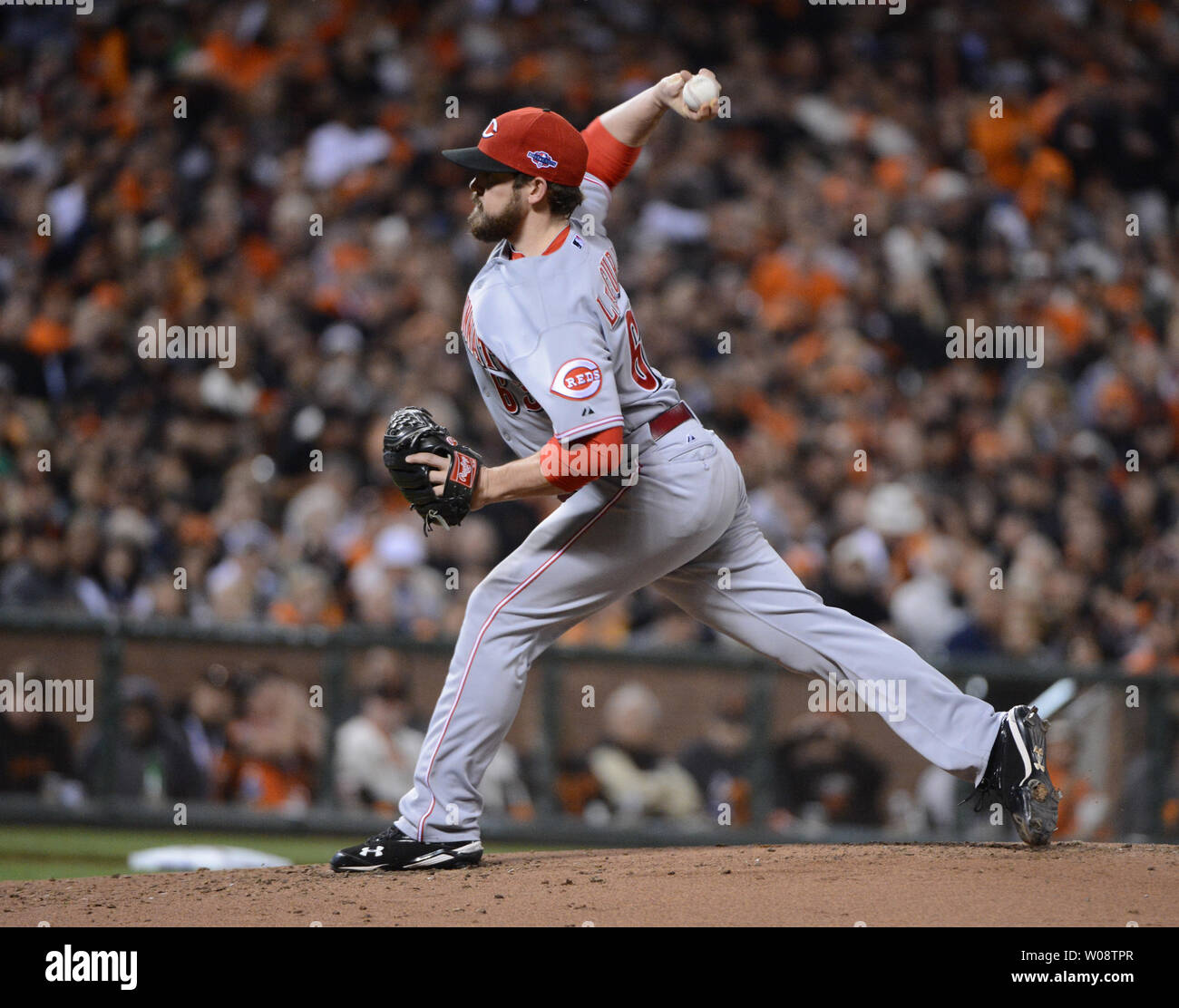 Cincinnati Reds Sam LeCure throws in the first inning after coming in to relieve starter Johnny Cueto in the National League Divisional Series against the San Francisco Giants at AT&T Park in San Francisco on October 6, 2012.   UPI/Terry Schmitt Stock Photo