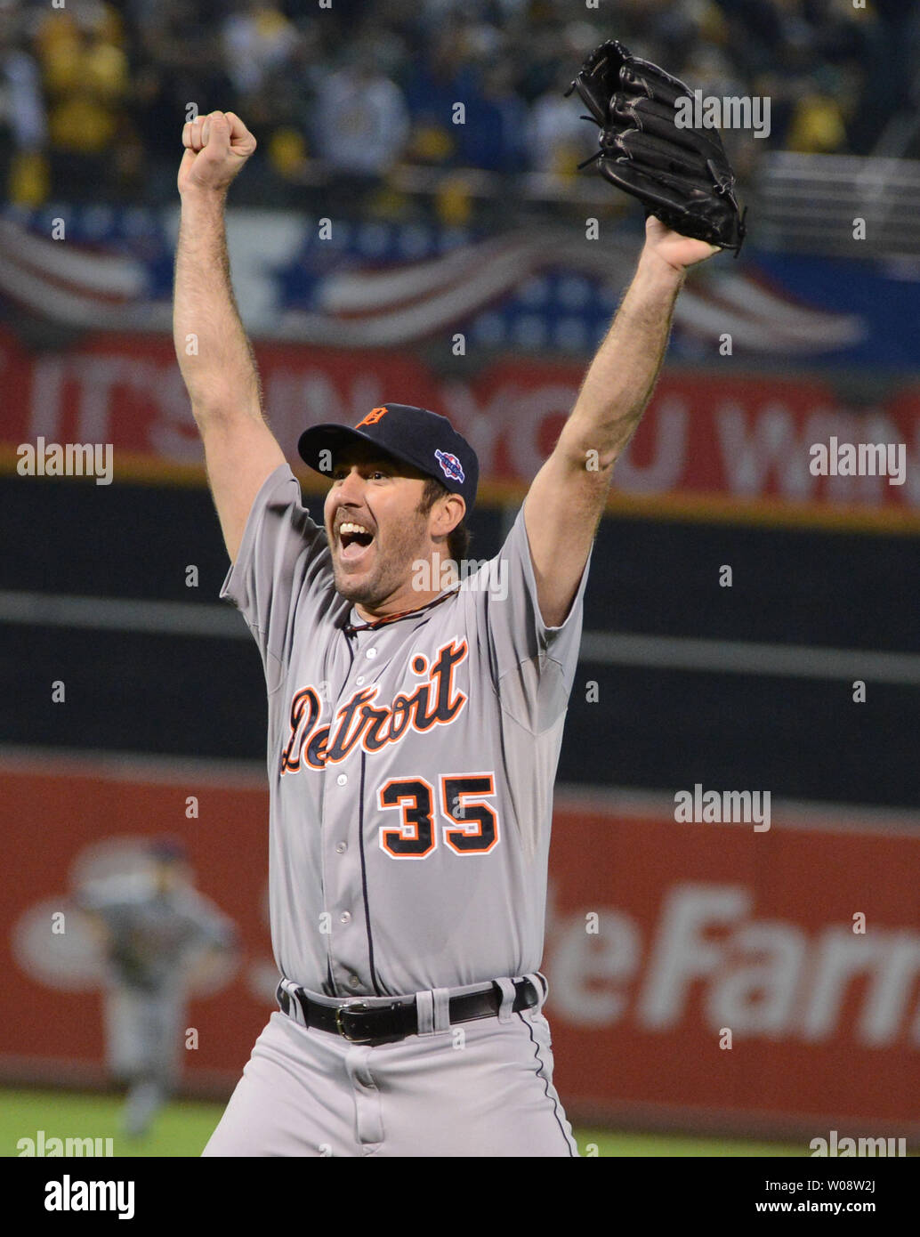 Detroit Tigers Justin Verlander celebrates the final out against Oakland  A's as the Tigers win American League Divisional Series at the Oakland  Coliseum in Oakland, California on October 11, 2012. The Tigers