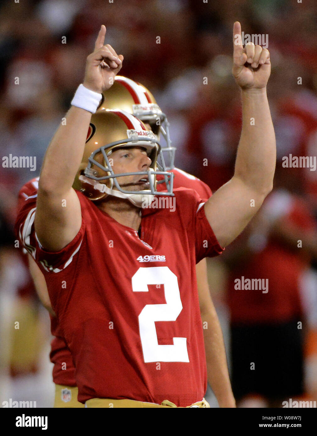 San Francisco 49ers kicker David Akers (L) celebrates a 28 yard field goal from the hold of Andy Lee in the fourth quarter against the Seattle Seahawks at Candlestick Park in San Francisco on October 18, 2012. The 49ers defeated the Seahawks 13-6.     UPI/Terry Schmitt Stock Photo