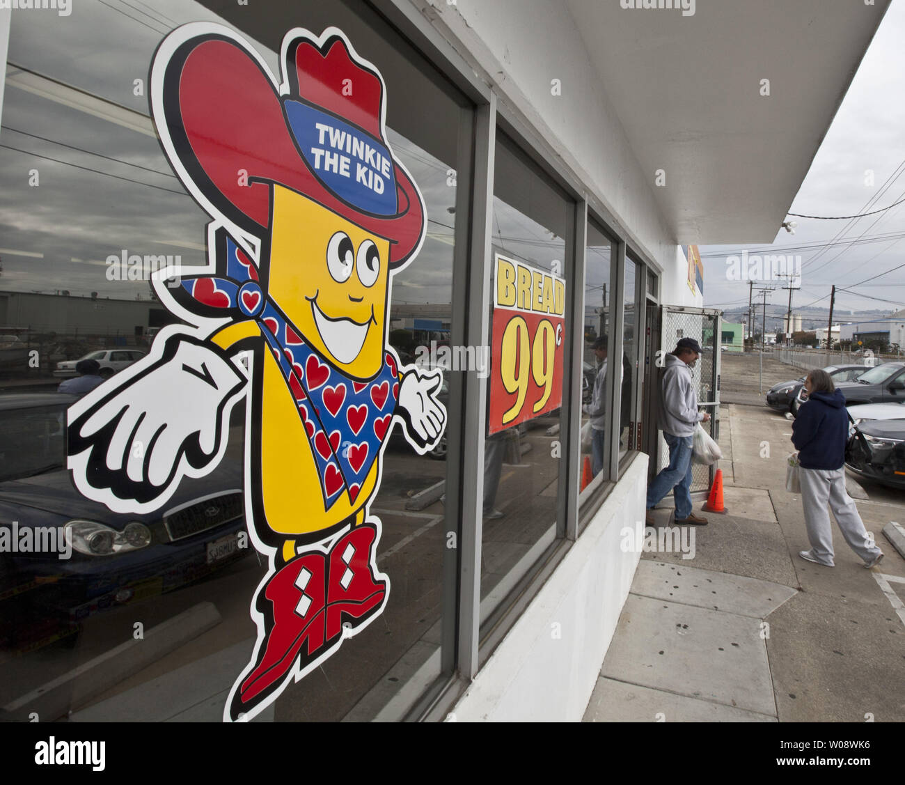 Twinkie the kid adorns a window of a Hostess company thrift store in San Leandro, California as