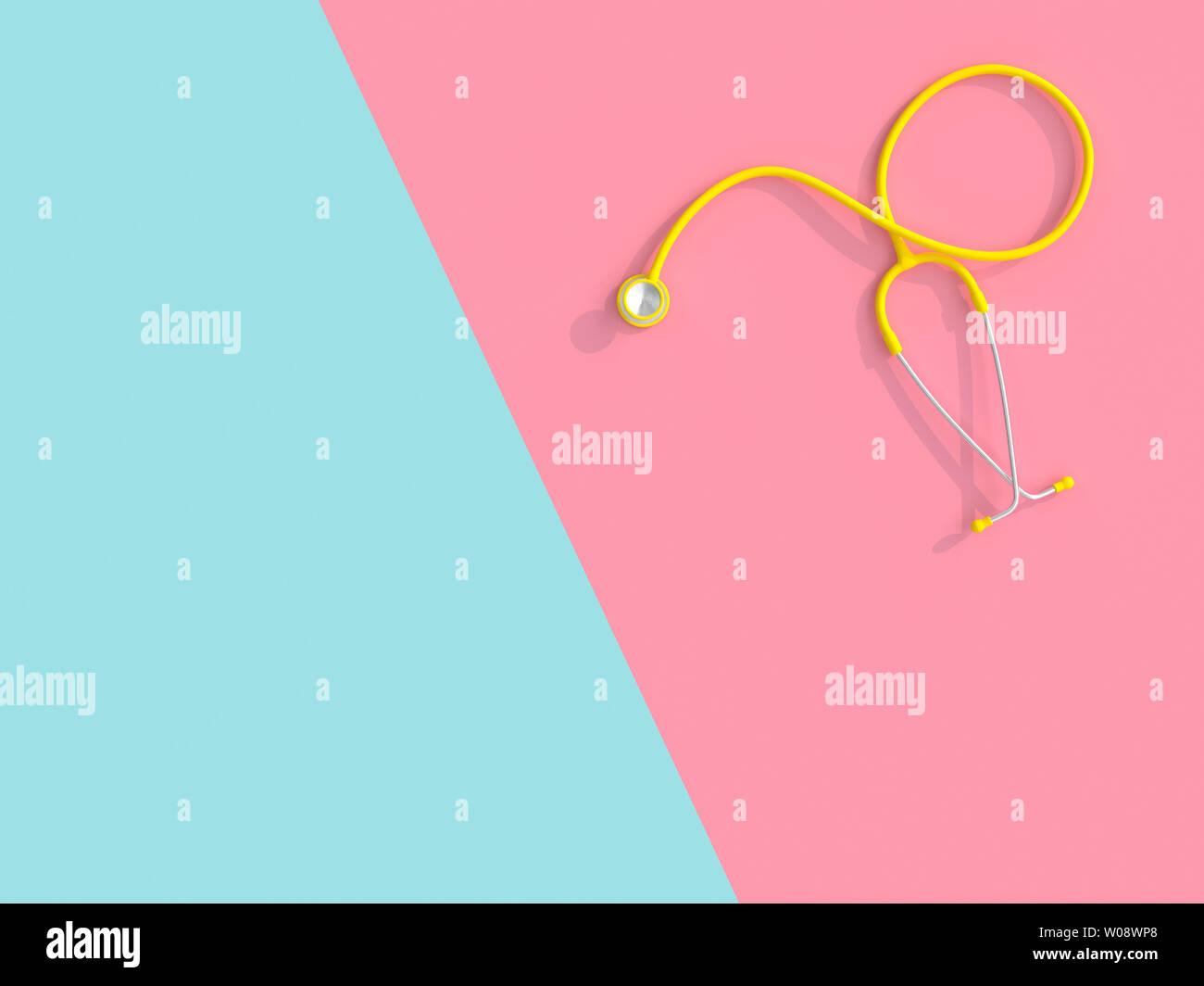 3d image of a yellow stethoscope on a pink and blue background. Health and medicine concept. Stock Photo