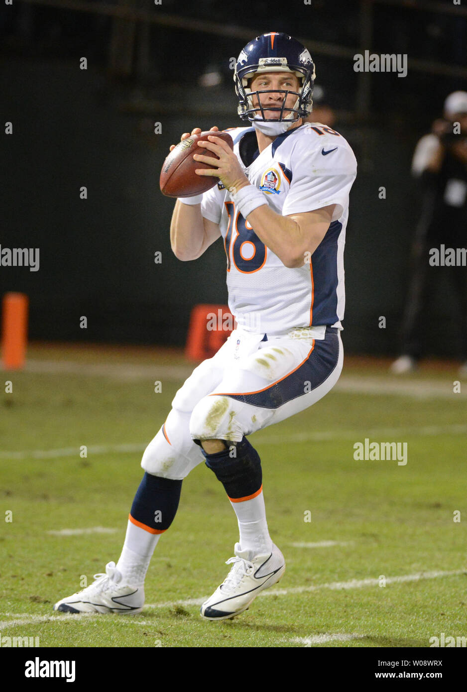 Denver Broncos QB Peyton Manning (18) throws against the Oakland Raiders in the first quarter at O.co Coliseum in Oakland, California on December 6, 2012. The Broncos defeated the Raiders 26-13.  UPI/Terry Schmitt Stock Photo
