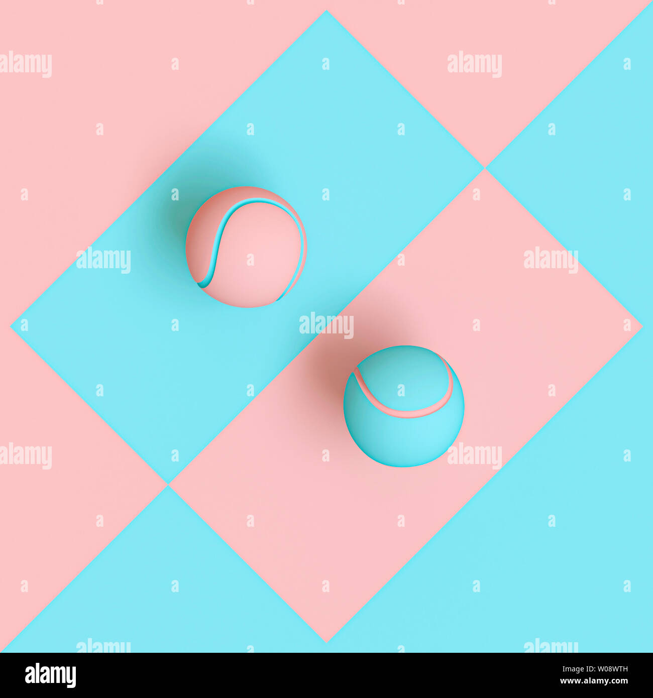 blue and pink tennis balls on a two-tone geometric background, flat lay style, 3d rendering. Concept of difference between sexes and uniqueness. Stock Photo